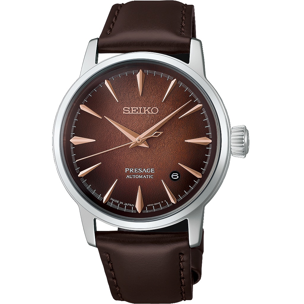 SEIKO Presage Cocktail Time 'Whisky Mist' Automatic Brown Dial 38.5mm Silver Stainless Brown Leather Strap HCB003J1 - 