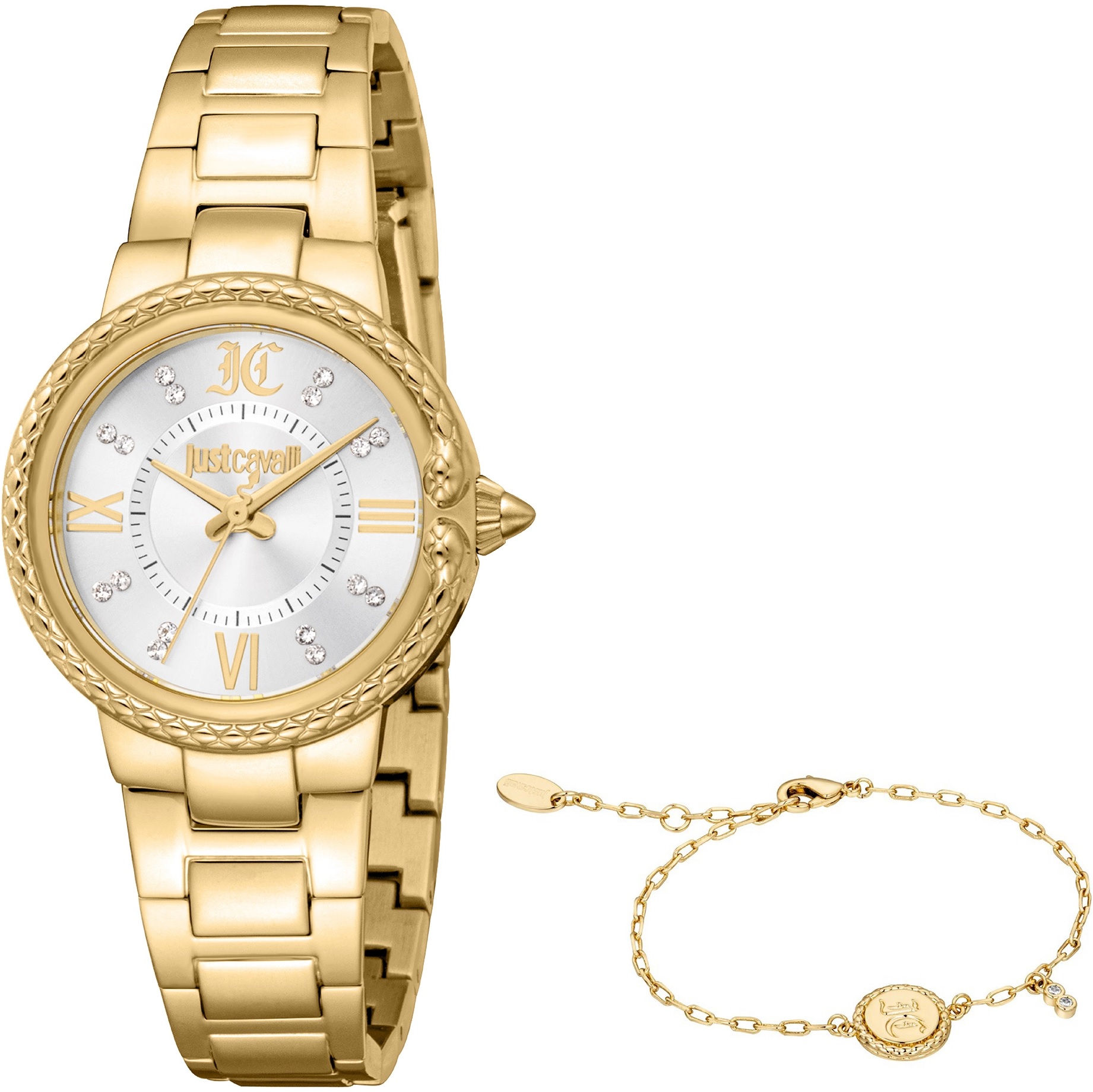 JUST CAVALLI Snake Gift Set Silver Dial 30mm Gold Stainless Bracelet JC1L378M0045 - 