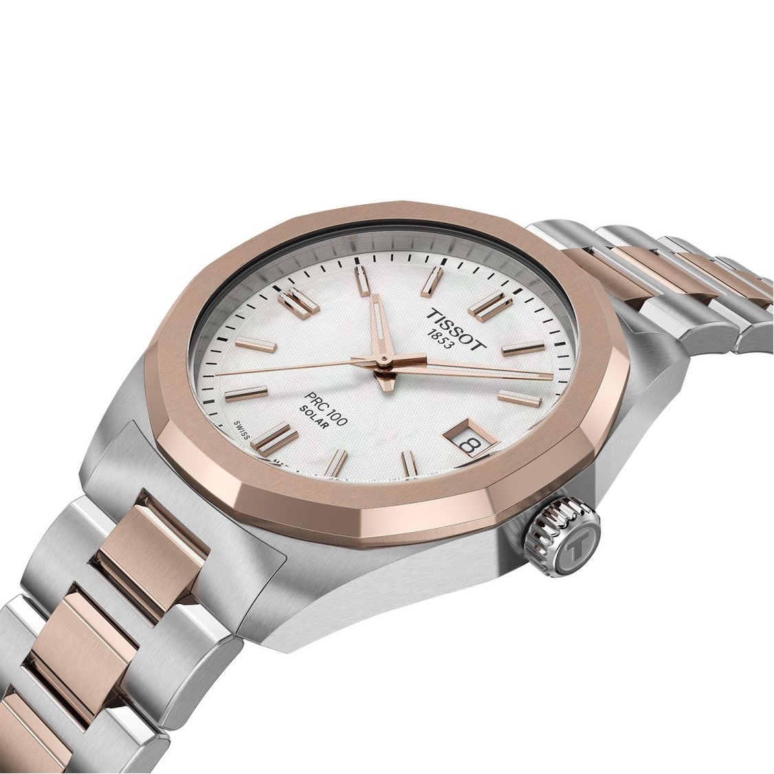 TISSOT PRC 100 Solar Quartz White Pearl Dial 34mm Two Tone Rose Gold Stainless Steel Bracelet T151.822.22.111.00 - 