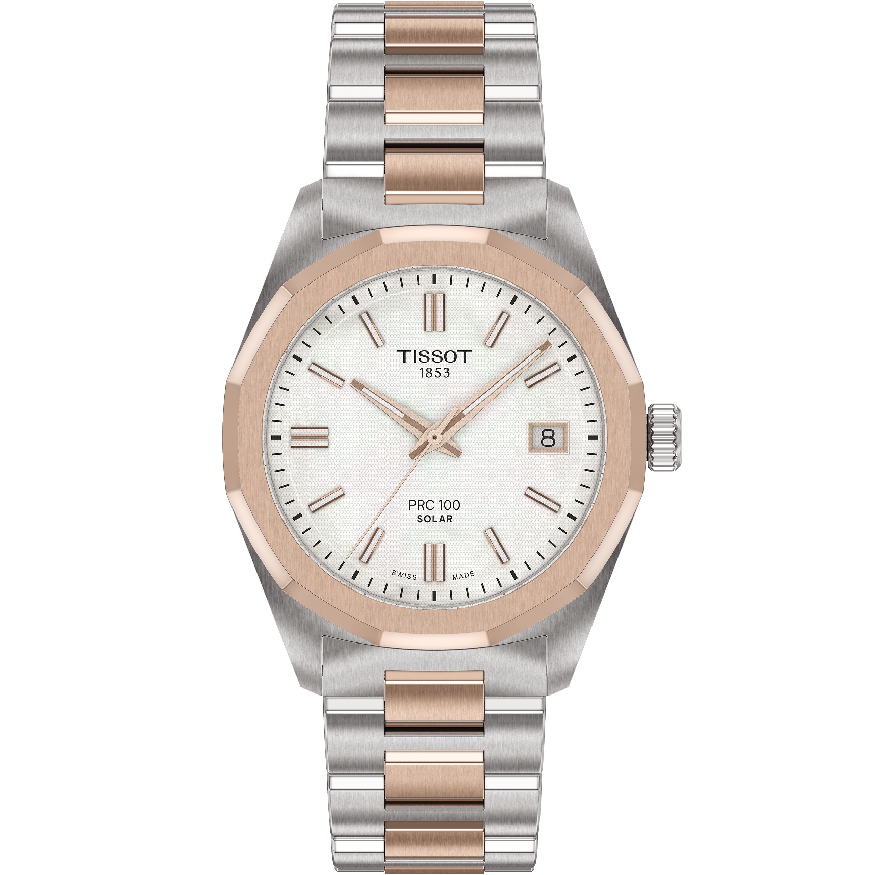 TISSOT PRC 100 Solar Quartz White Pearl Dial 34mm Two Tone Rose Gold Stainless Steel Bracelet T151.822.22.111.00 - 