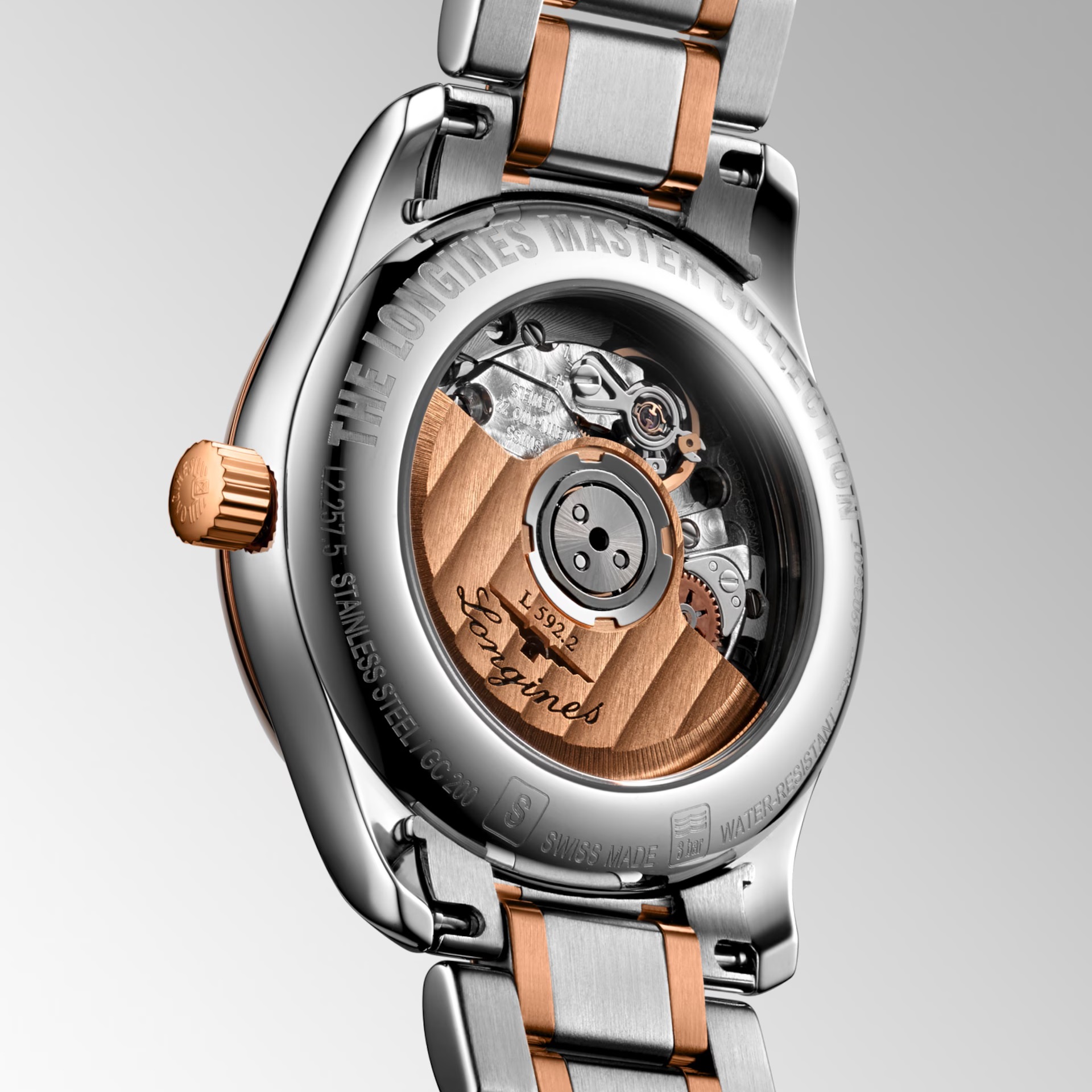 LONGINES Master Collection Lady's White Pearl Dial with Diamonds 29mm Rose Gold 18 Carats and Stainless Steel Bracelet L22575897 - 6