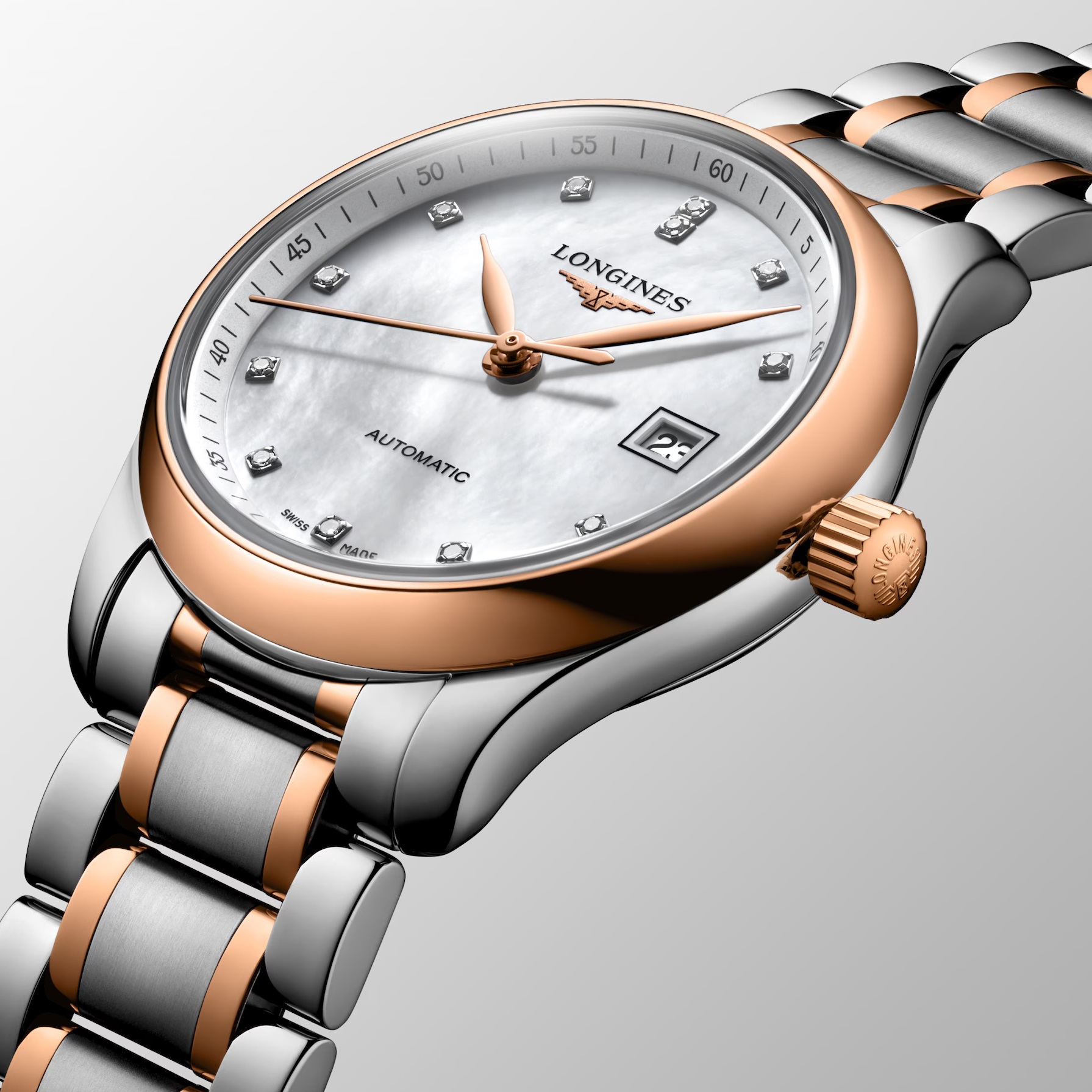 LONGINES Master Collection Lady's White Pearl Dial with Diamonds 29mm Rose Gold 18 Carats and Stainless Steel Bracelet L22575897 - 7