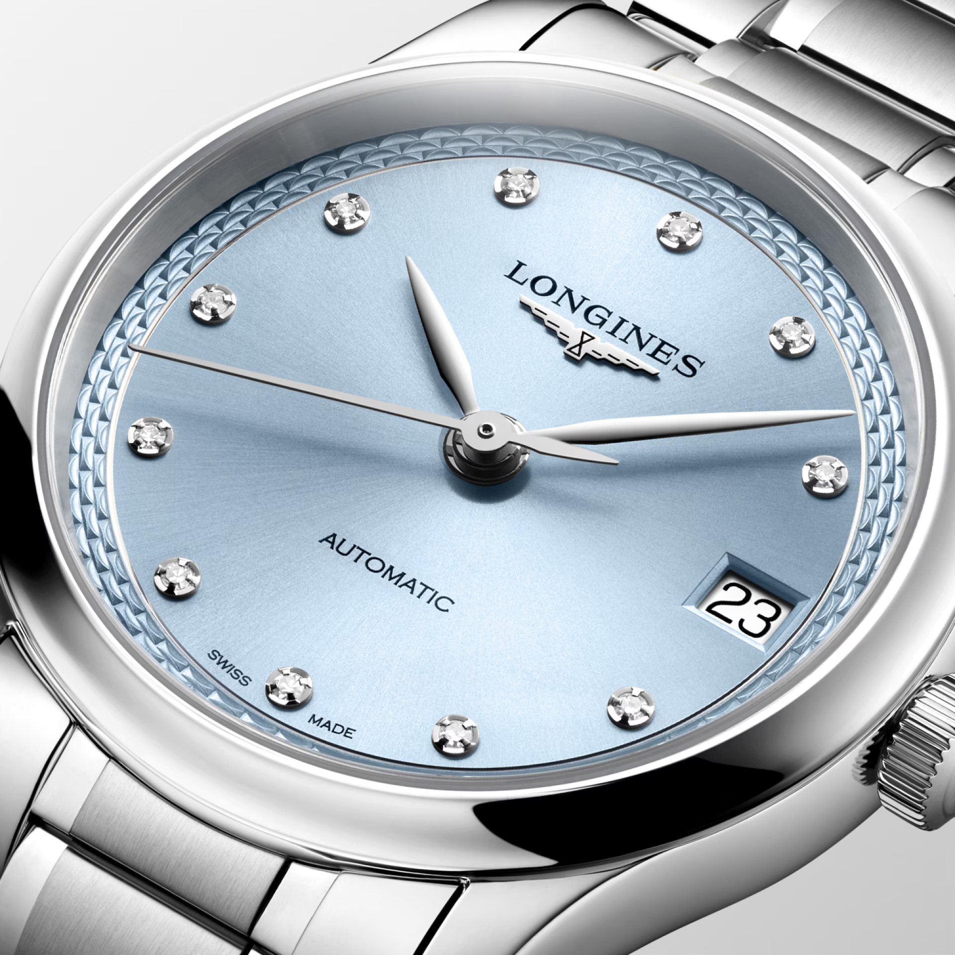 LONGINES Master Collection Lady's Light Blue Dial with Diamonds 34mm Silver Stainless Steel Bracelet L24504976 - 
