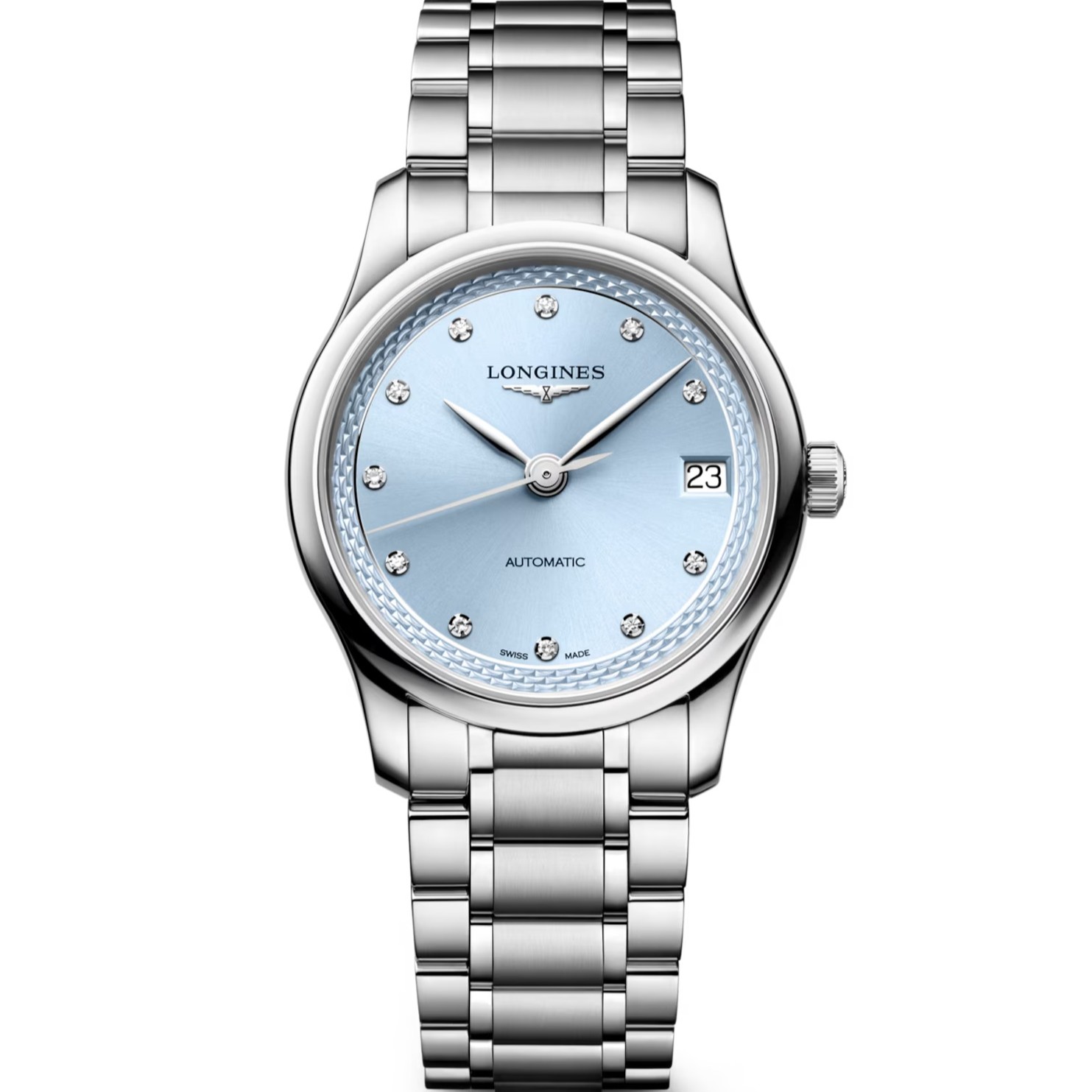 LONGINES Master Collection Lady's Light Blue Dial with Diamonds 34mm Silver Stainless Steel Bracelet L24504976 - 