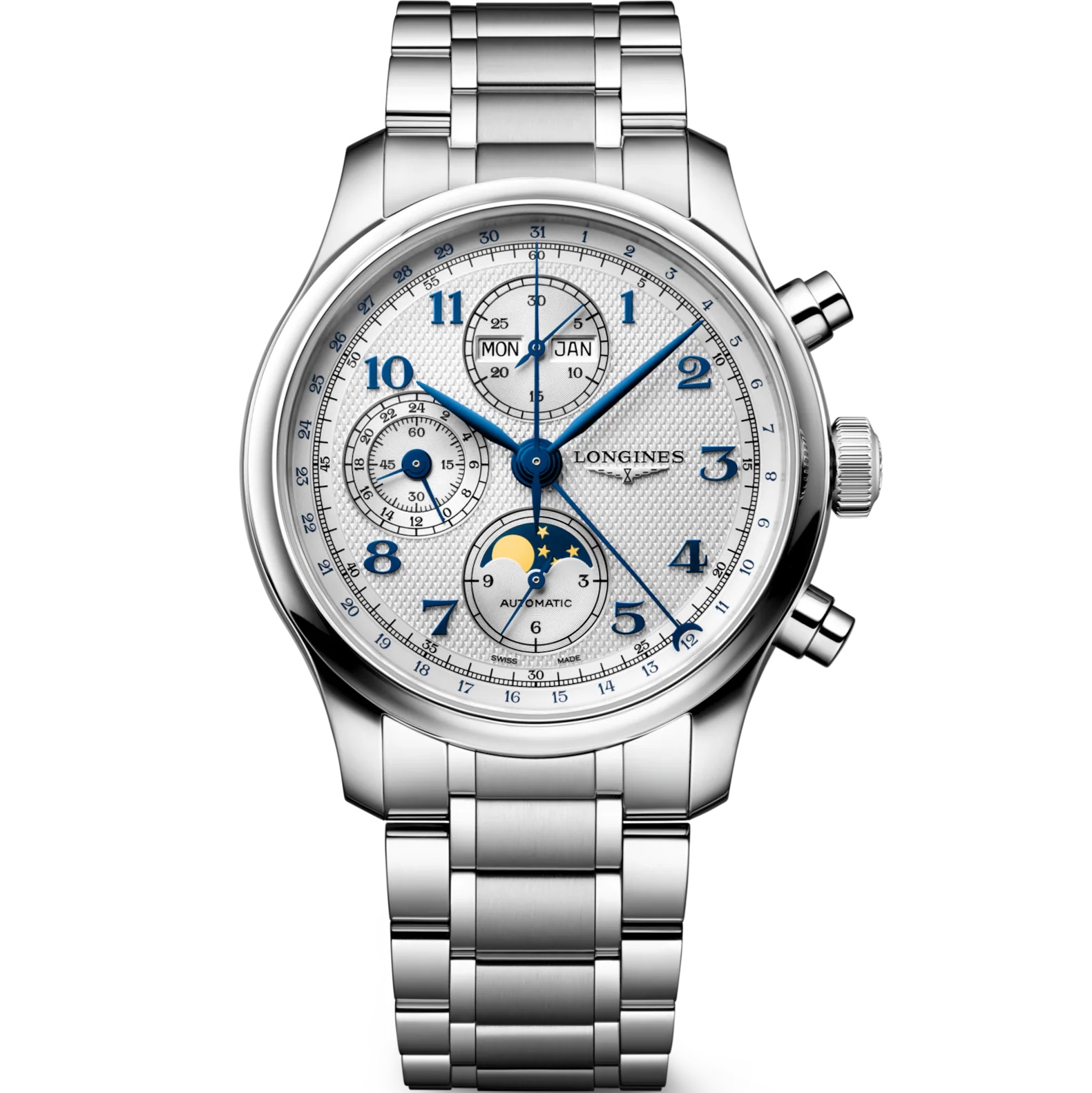 LONGINES Master Collection Chronograph Moon Face White Dial 41mm Silver Stainless Steel Bracelet L29624736 - 