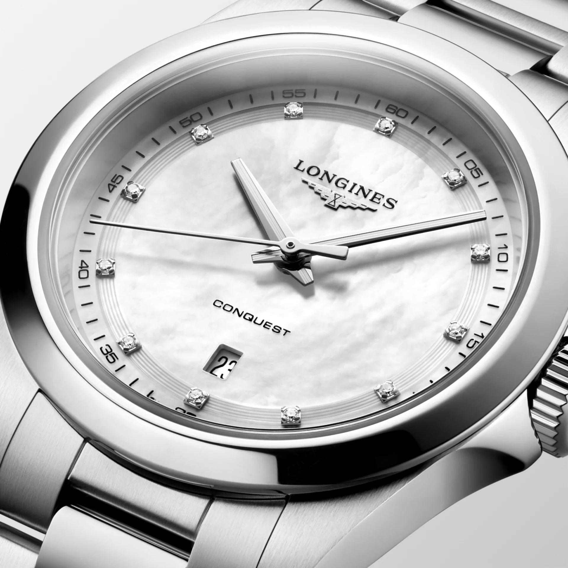 LONGINES Conquest Quartz White Pearl Dial with Diamonds 30mm Silver Stainless Steel Bracelet L33504876 - 