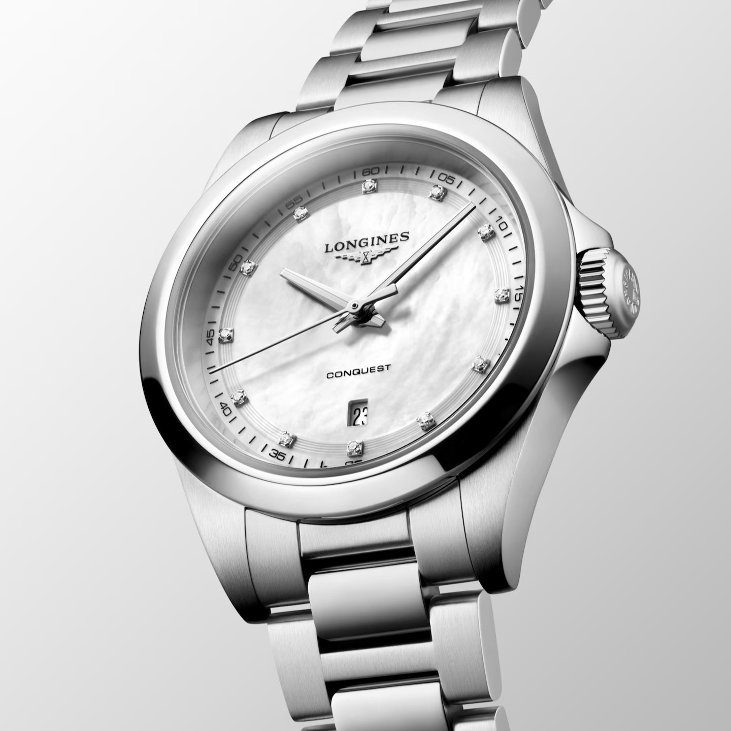 LONGINES Conquest Quartz White Pearl Dial with Diamonds 30mm Silver Stainless Steel Bracelet L33504876 - 4