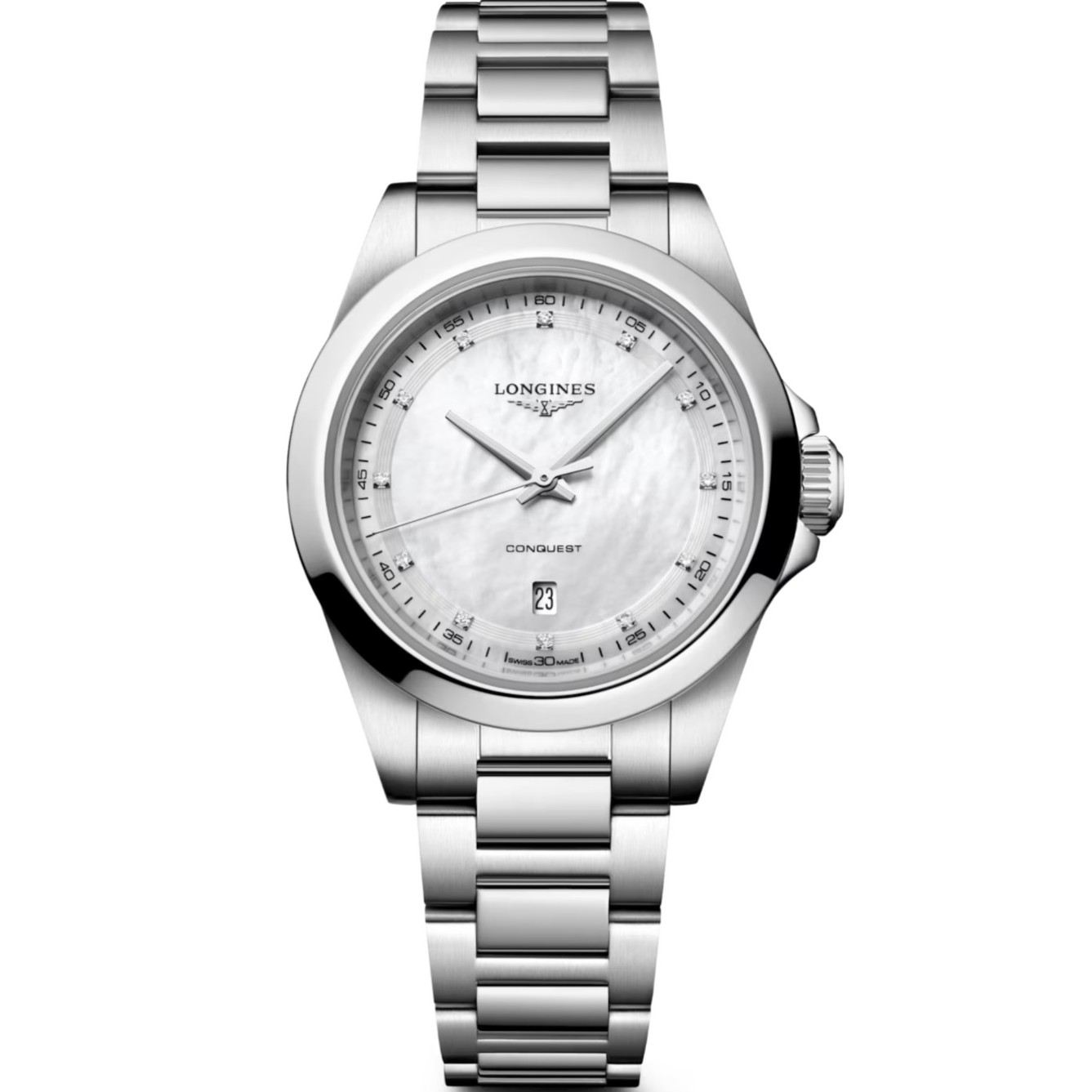 LONGINES Conquest Quartz White Pearl Dial with Diamonds 30mm Silver Stainless Steel Bracelet L33504876 - 