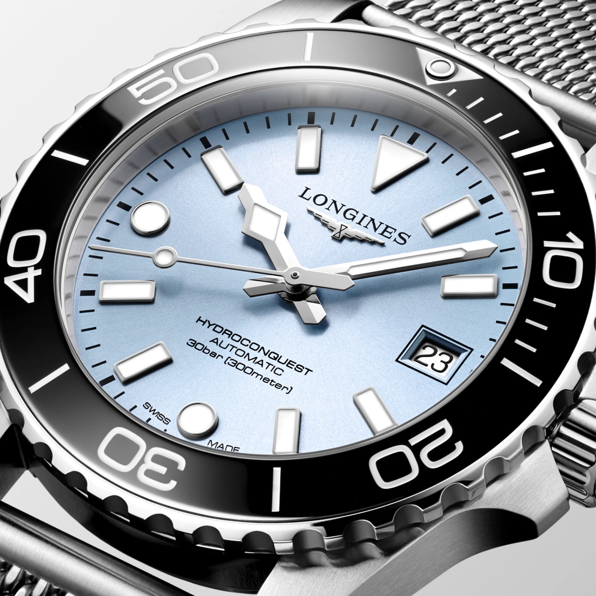 LONGINES HydroConquest Ceramic Automatic Frosted Blue Sunray Dial 39mm Silver Stainless Steel Milanese Bracelet L37794996 - 