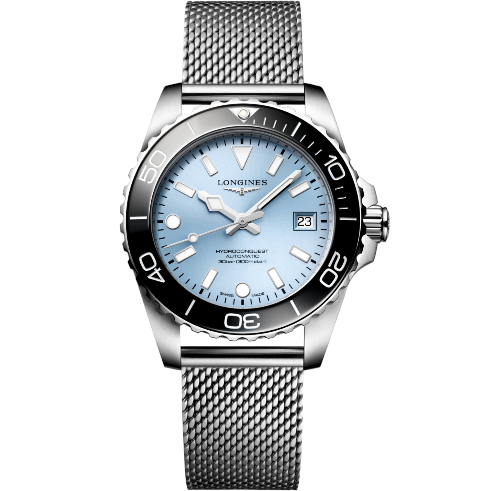 LONGINES HydroConquest Ceramic Automatic Frosted Blue Sunray Dial 39mm Silver Stainless Steel Milanese Bracelet L37794996 - 