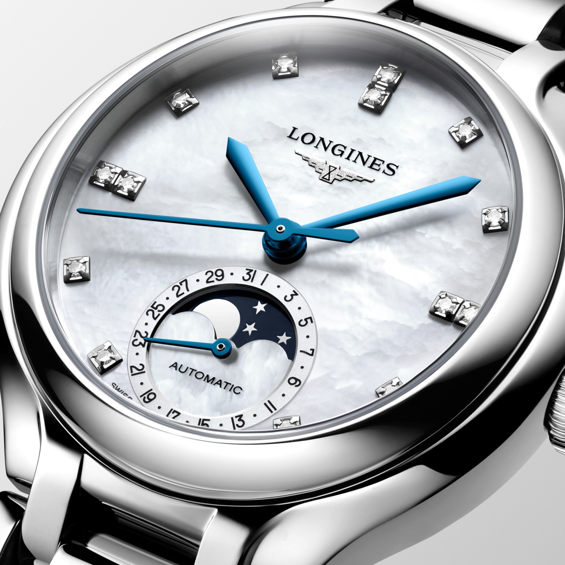 LONGINES PrimaLuna Moonphase Automatic White Pearl Dial with Diamonds 34mm Silver Stainless Steel Bracelet L81264876 - 