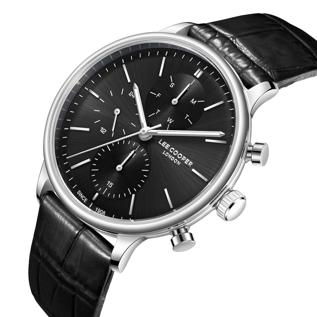 LEE COOPER Multifunction Black Dial 41mm Silver Stainless Steel Black Leather Strap LC08333.351 - 2
