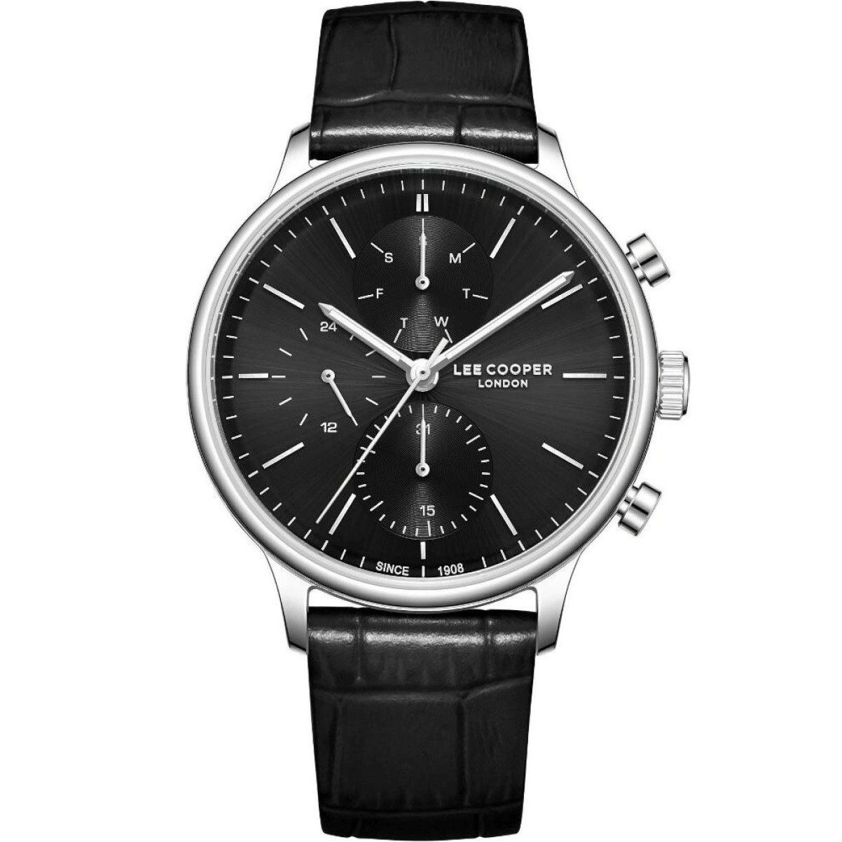 LEE COOPER Multifunction Black Dial 41mm Silver Stainless Steel Black Leather Strap LC08333.351 - 1