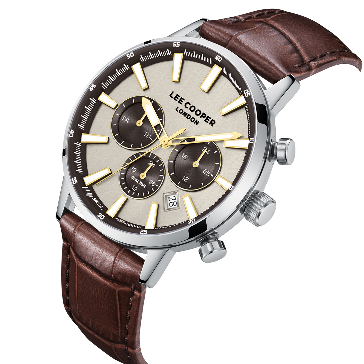 LEE COOPER Multifunction Beige Dial 42mm Silver Stainless Steel Brown Leather Strap LC08401.362 - 