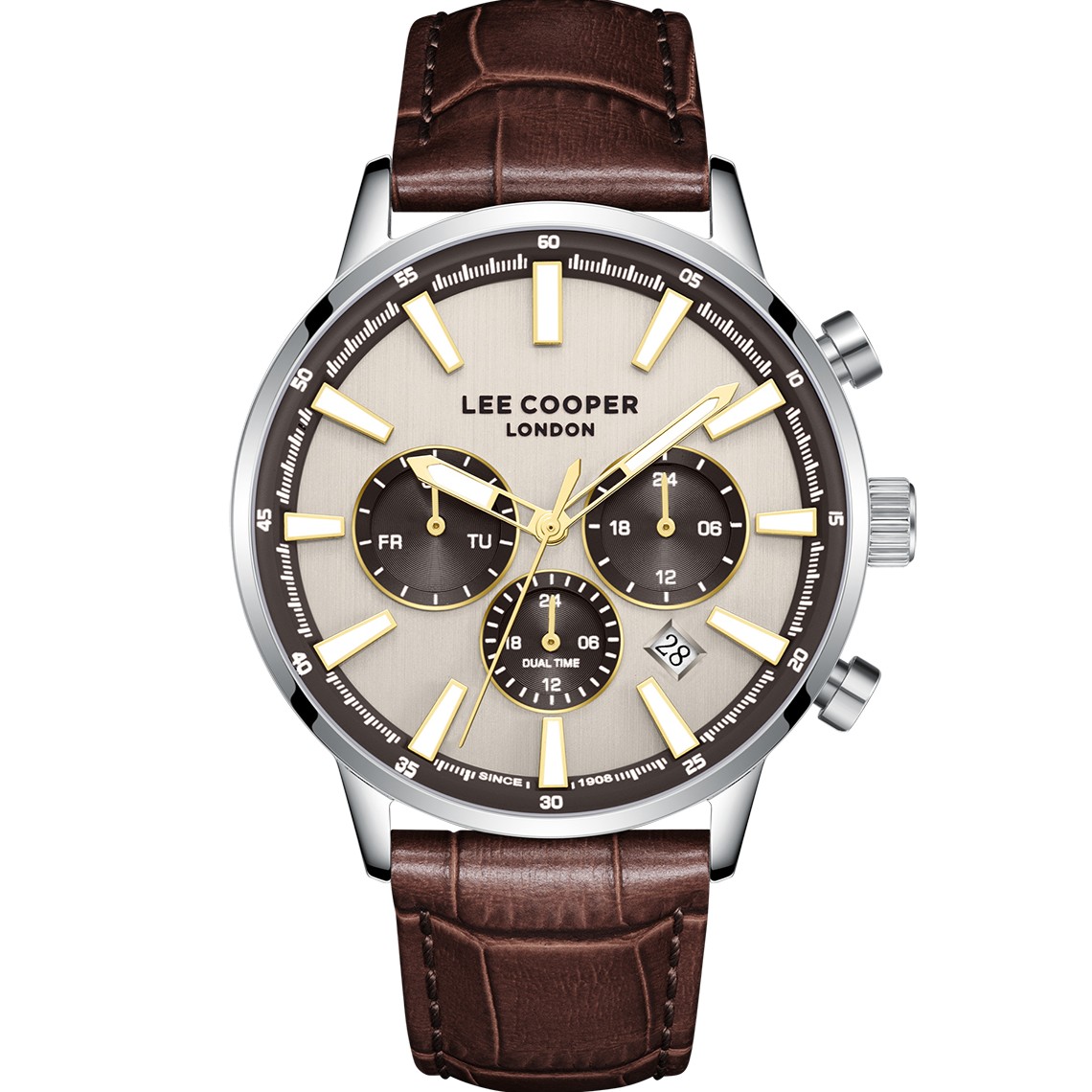 LEE COOPER Multifunction Beige Dial 42mm Silver Stainless Steel Brown Leather Strap LC08401.362 - 