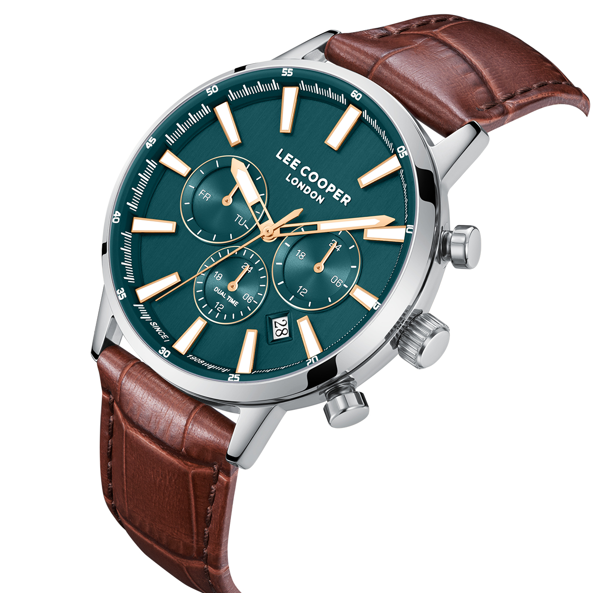 LEE COOPER Multifunction Green Dial 42mm Silver Stainless Steel Brown Leather Strap LC08401.392 - 