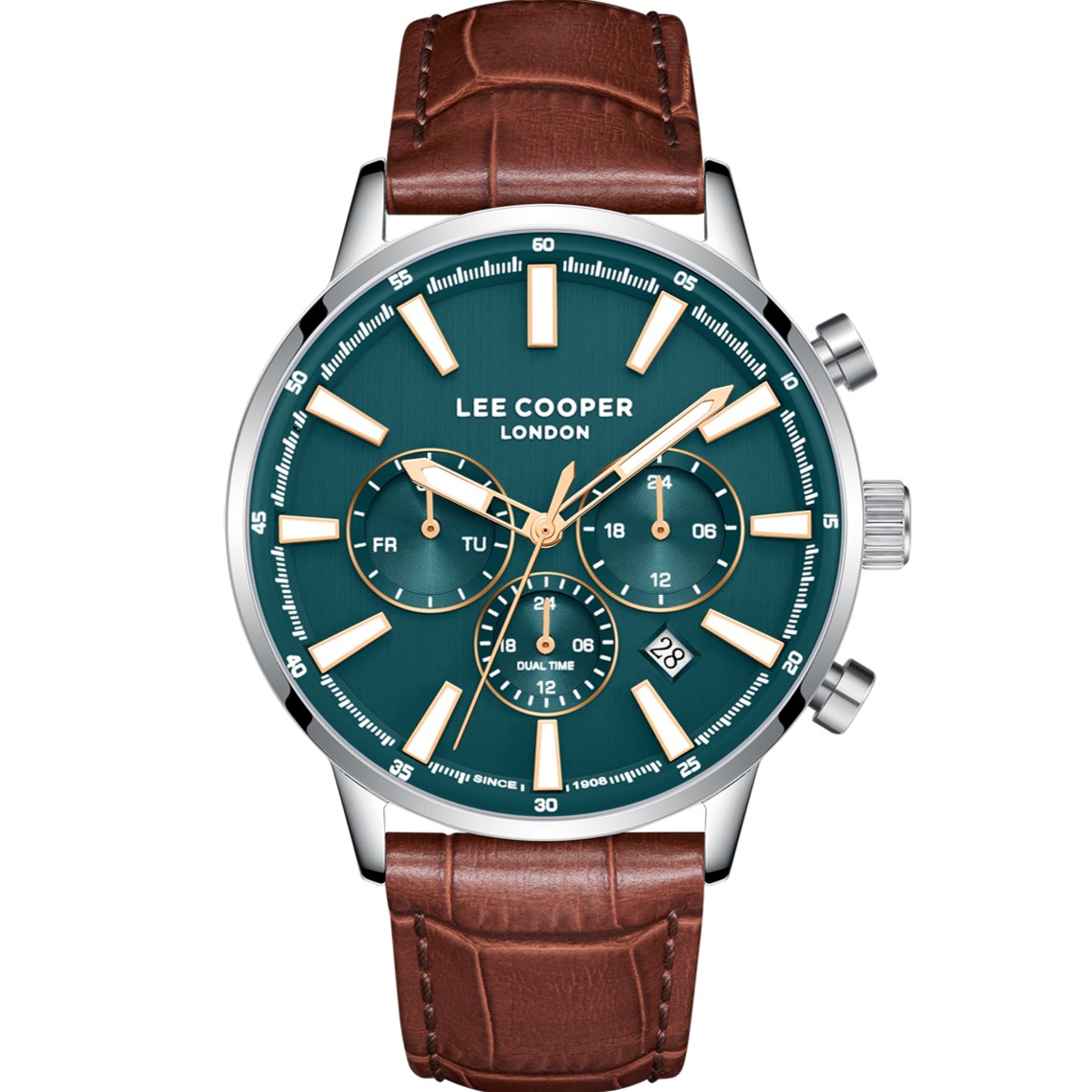 LEE COOPER Multifunction Green Dial 42mm Silver Stainless Steel Brown Leather Strap LC08401.392 - 