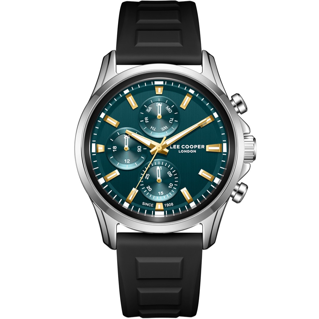 LEE COOPER Multifunction Green Dial 43.5mm Silver Stainless Steel Brown Silicon Strap LC08541.391 - 