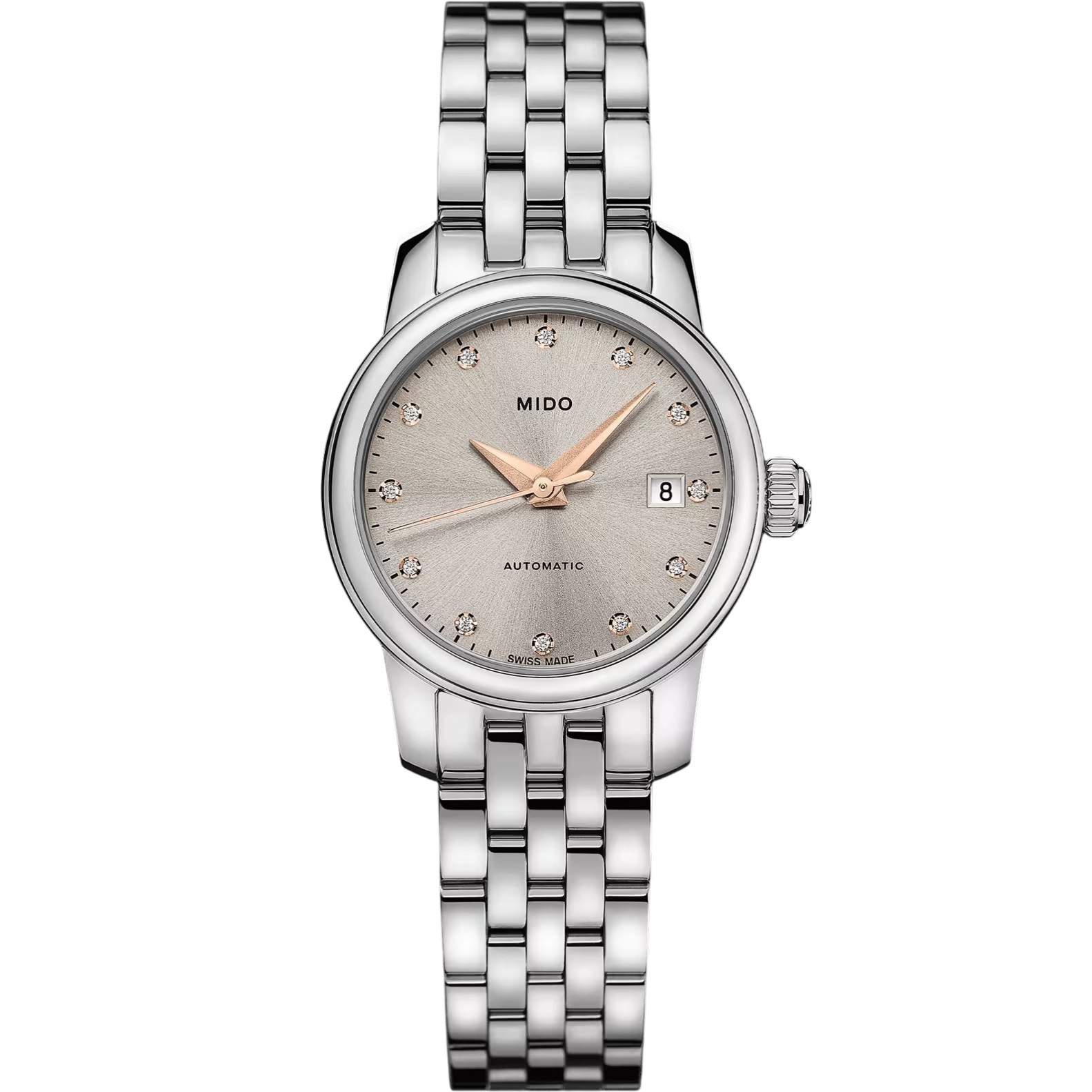 MIDO Mini Baroncelli Lady Automatic Rhodium Dial with Diamonds 25mm Silver Stainless Steel Bracelet M039.007.11.076.00 - 