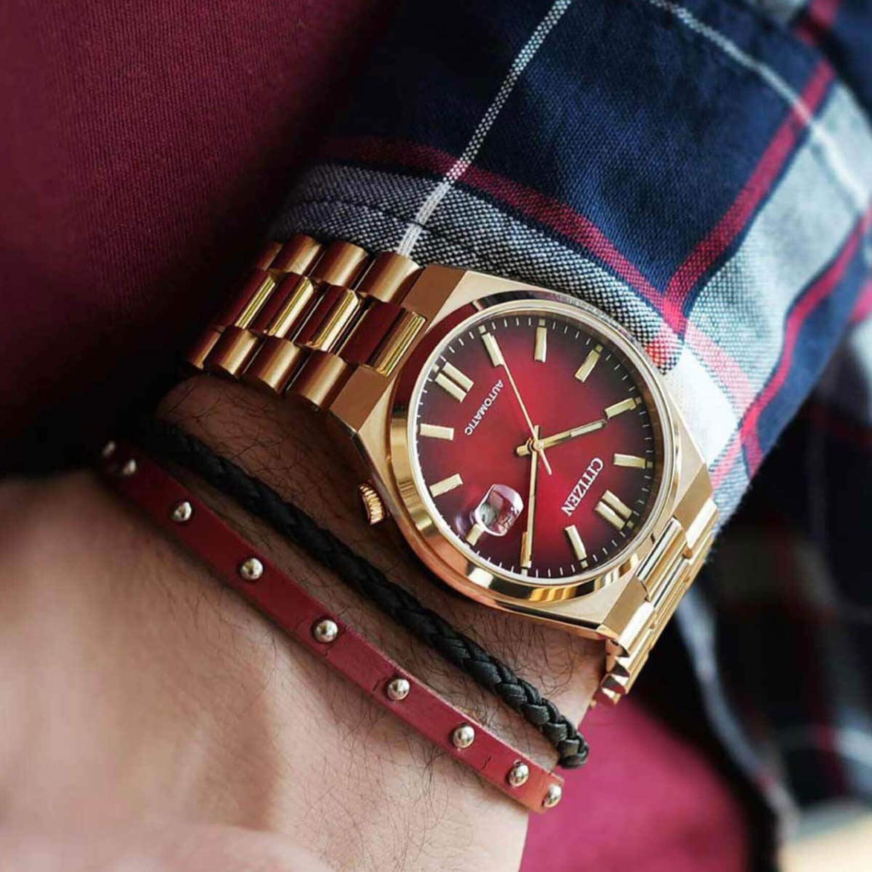 CITIZEN Tsuyosa Collection Automatic Red Dial 40mm Gold Stainless Steel Bracelet NJ0153-82X - 