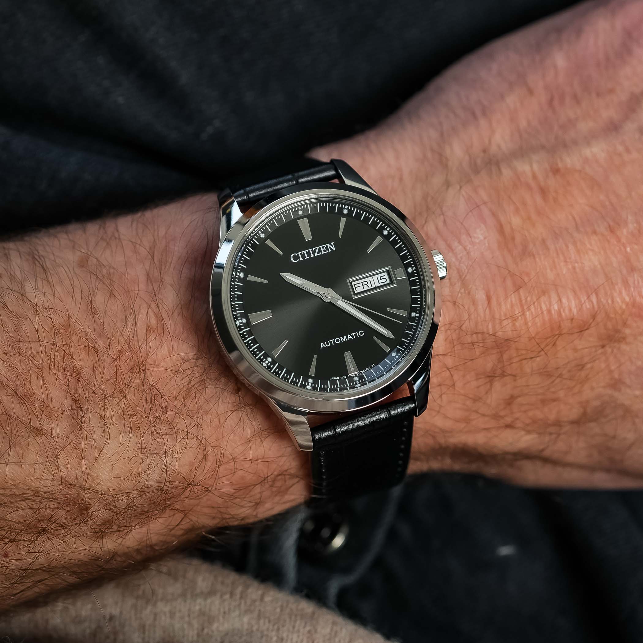 CITIZEN Classic Day Date Automatic Black Dial 40mm Silver Stainless Steel Black Leather Strap NY4058-01EE - 