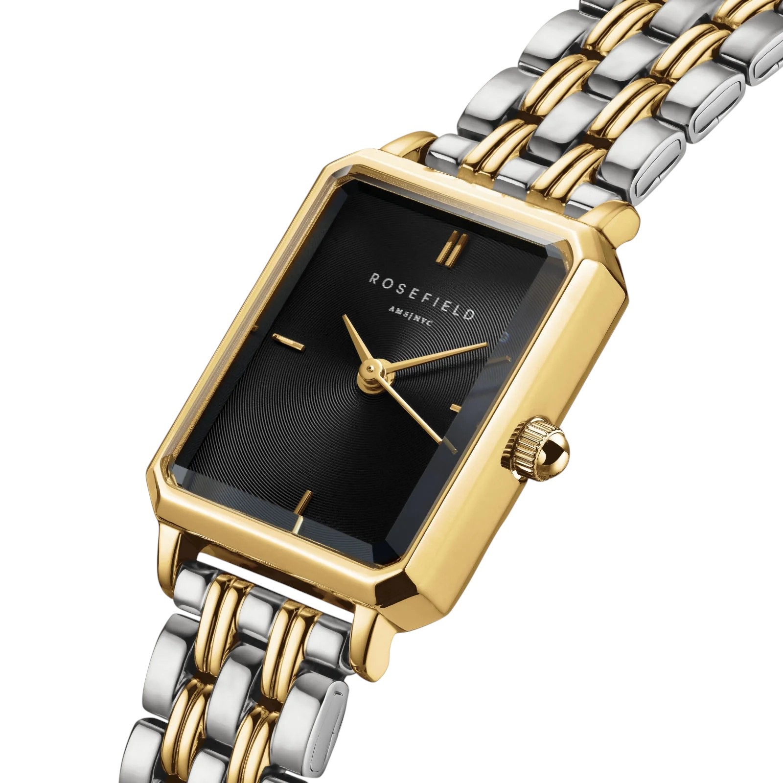 ROSEFIELD Octagon XS Black Matte Dial 19.5 x 24mm Two Tone Silver & Gold Stainless Steel Bracelet OBDSG-O88 - 