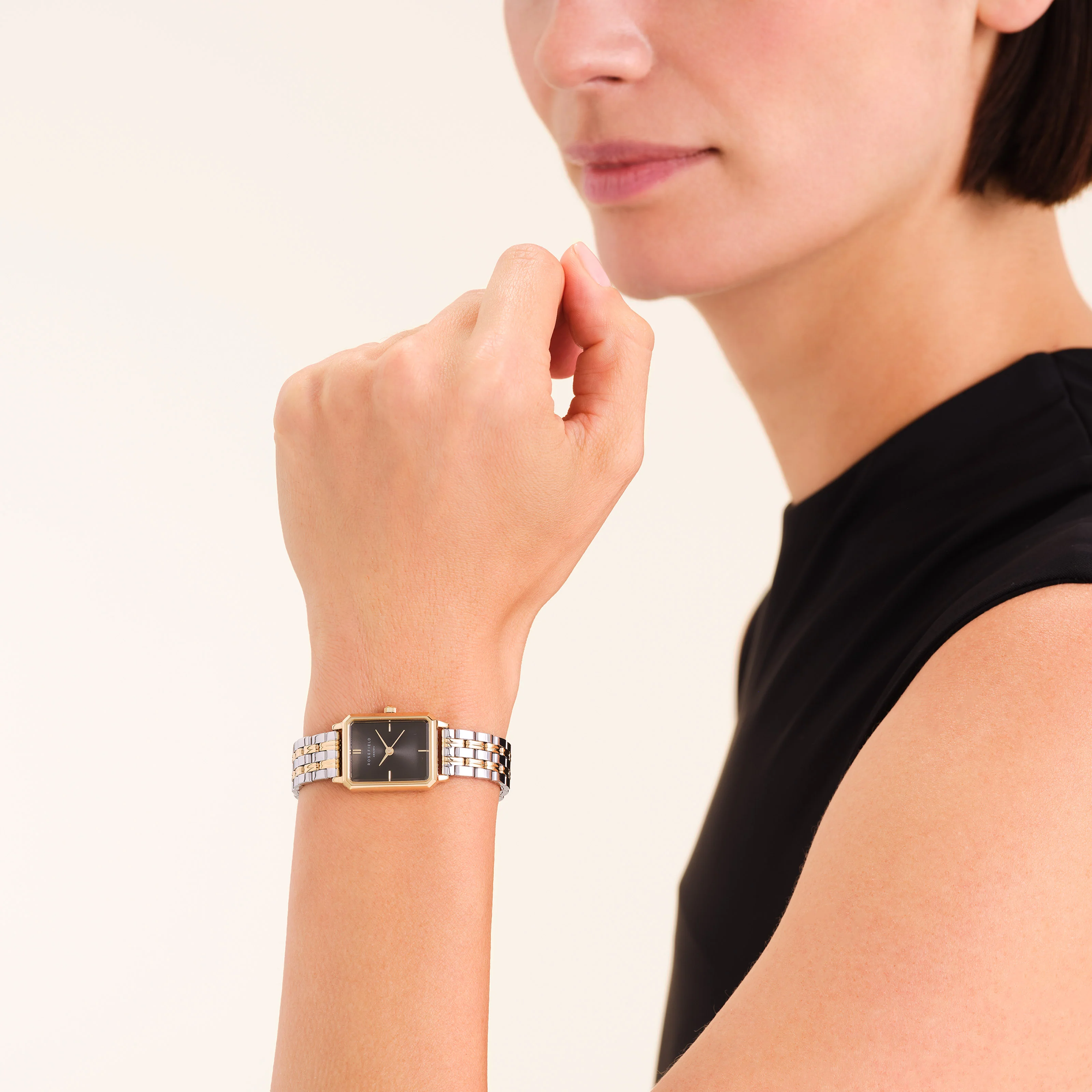 ROSEFIELD Octagon XS Black Matte Dial 19.5 x 24mm Two Tone Silver & Gold Stainless Steel Bracelet OBDSG-O88 - 3