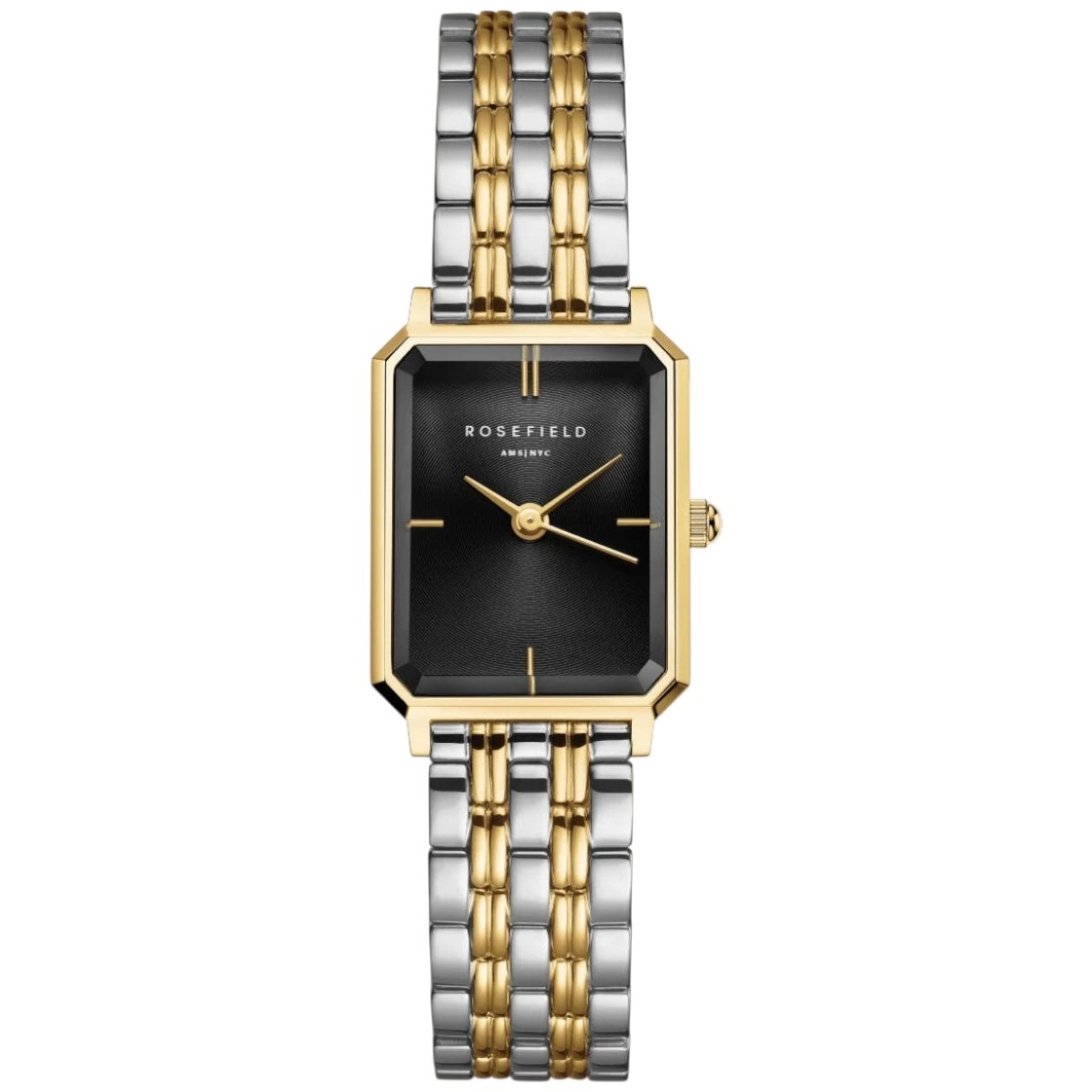 ROSEFIELD Octagon XS Black Matte Dial 19.5 x 24mm Two Tone Silver & Gold Stainless Steel Bracelet OBDSG-O88 - 