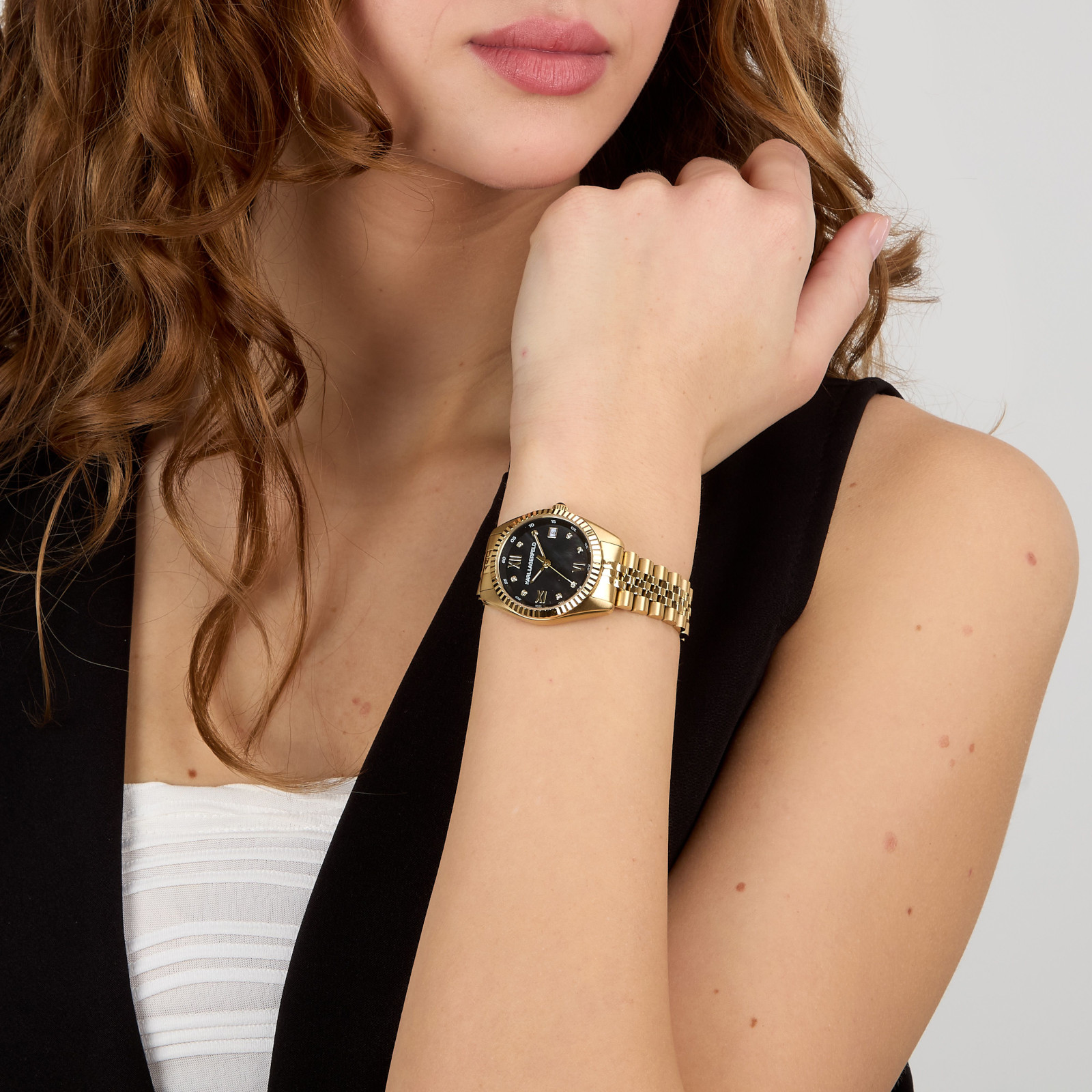 KARL LAGERFELD Timeless Code Black Pearl Dial with Crystals 32mm Gold Stainless Steel Bracelet R0553108503 - 