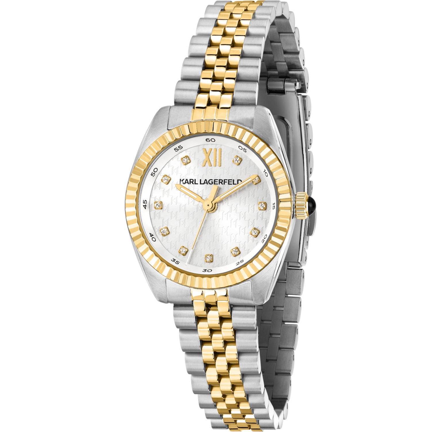 KARL LAGERFELD Timeless Code Mini Silver Dial with Crystals 28mm Two-Tone Gold Stainless Steel Bracelet R0553109503 - 