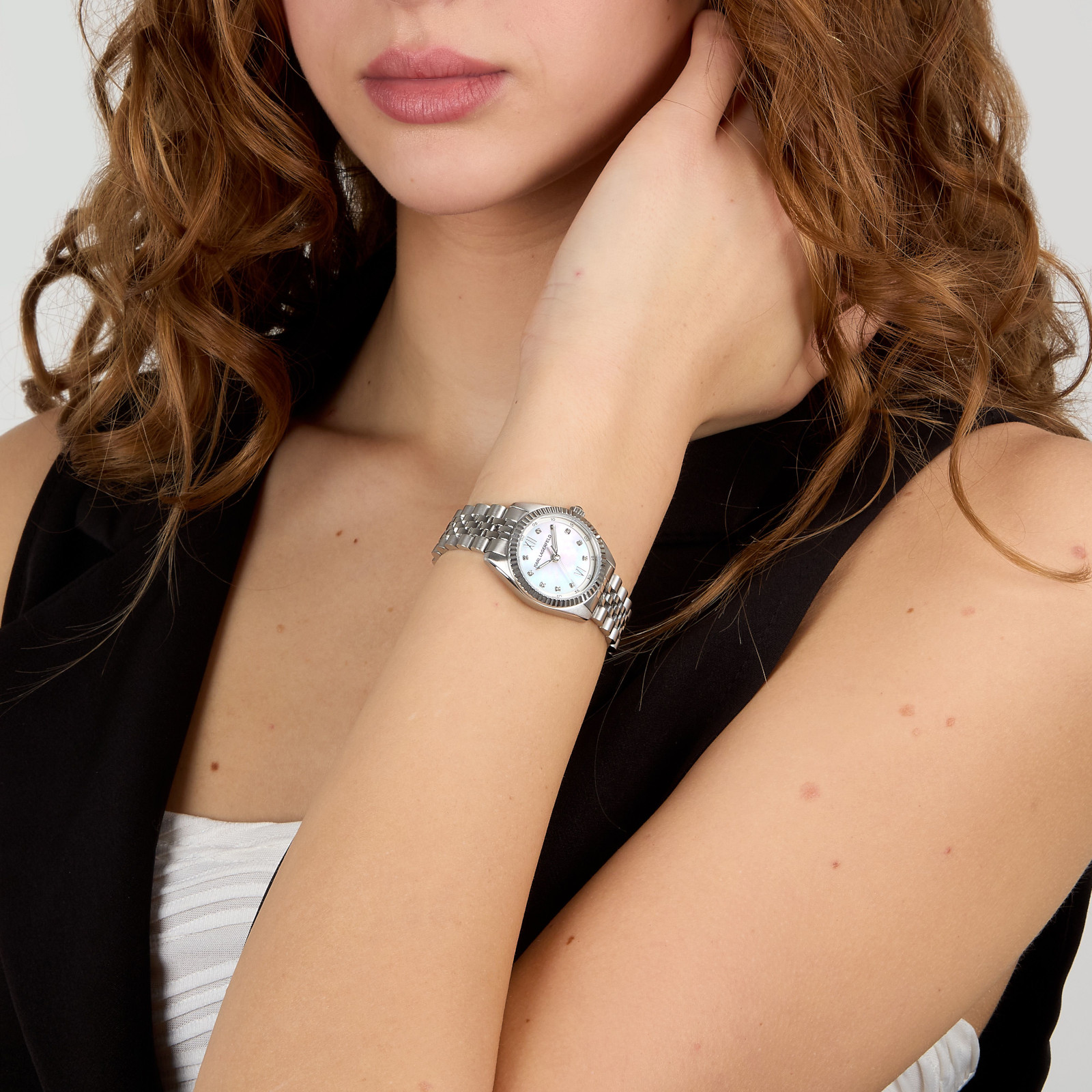 KARL LAGERFELD Timeless Code Mini Silver Pearl Dial with Crystals 28mm Silver Stainless Steel Bracelet R0553109506 - 
