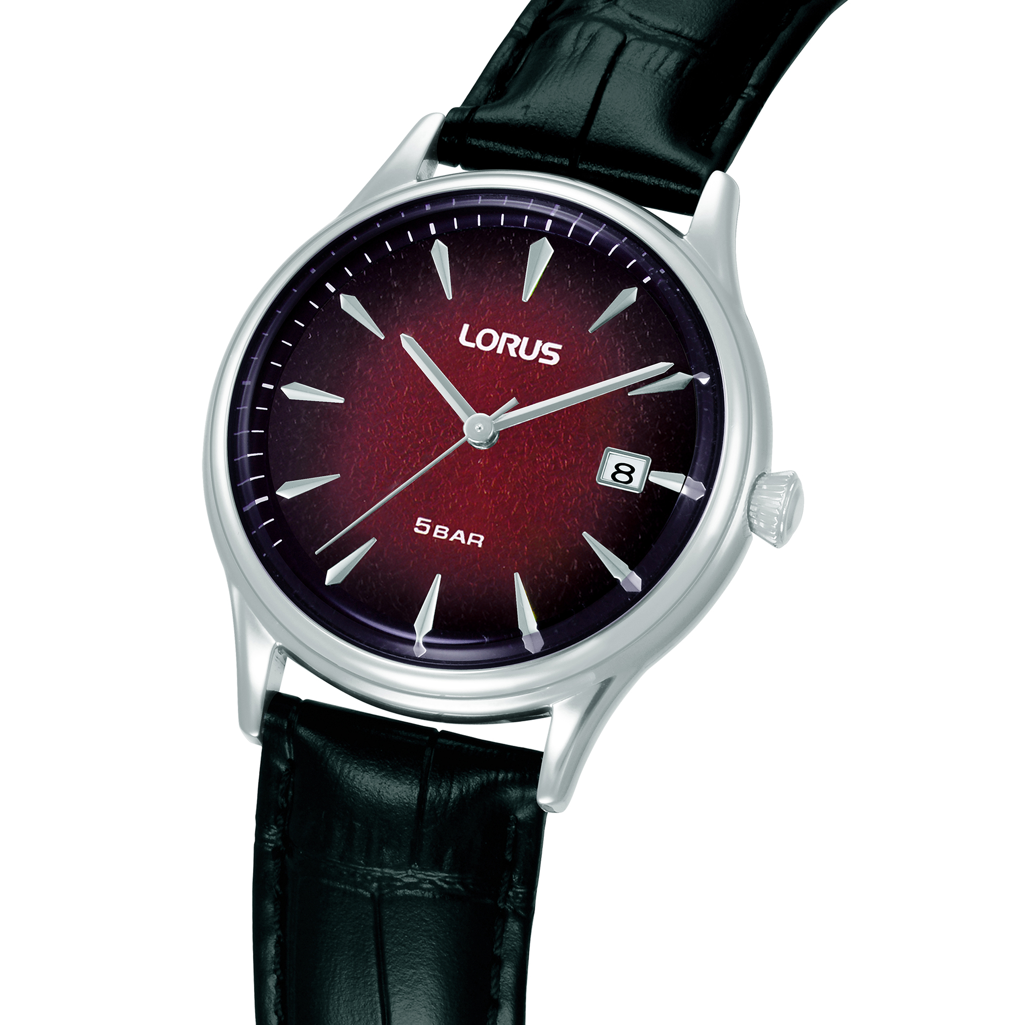 LORUS Classic Gents Red Dial 40mm Silver Stainless Steel Black Leather Strap RS901EX9 - 