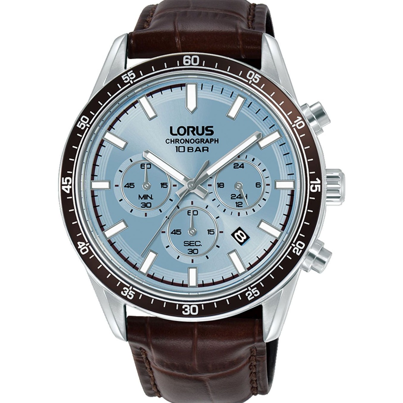 LORUS Sports Chronograph Light Blue Dial 43mm Silver Stainless Steel Brown Leather Strap RT351LX9 - 