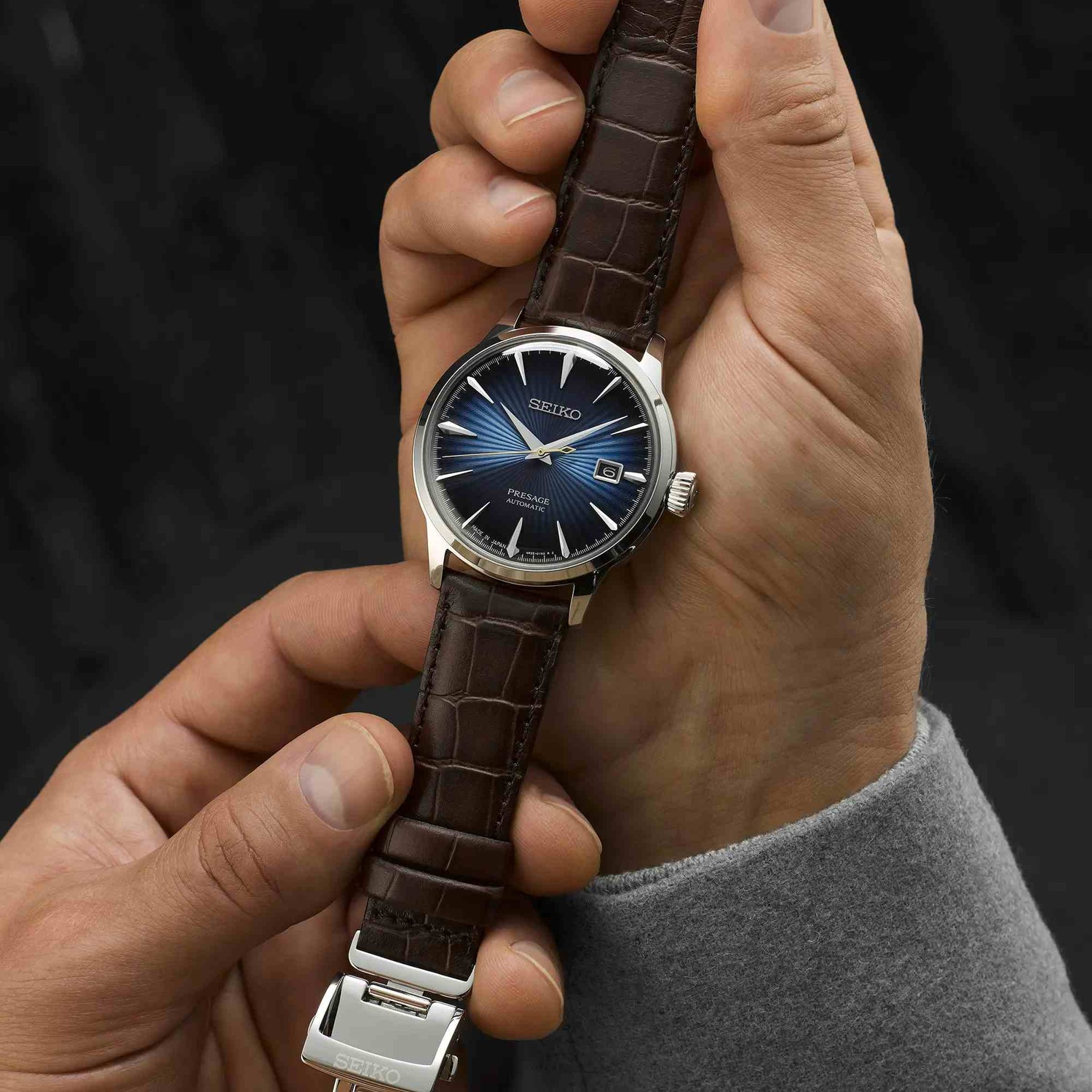 SEIKO Presage Cocktail Time ‘Midnight Blue Moon’ Automatic 40.5mm Silver Stainless Steel Brown Leather Strap SRPK15J1 - 