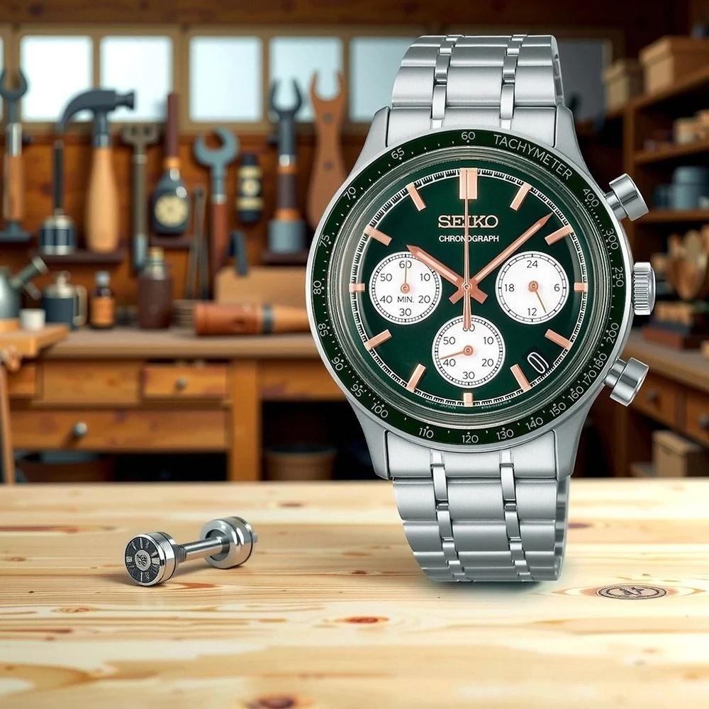 SEIKO Racing Sports Chronograph Green Rose Gold Dial 38.7mm Silver Stainless Steel Bracelet SSB481P1 - 5