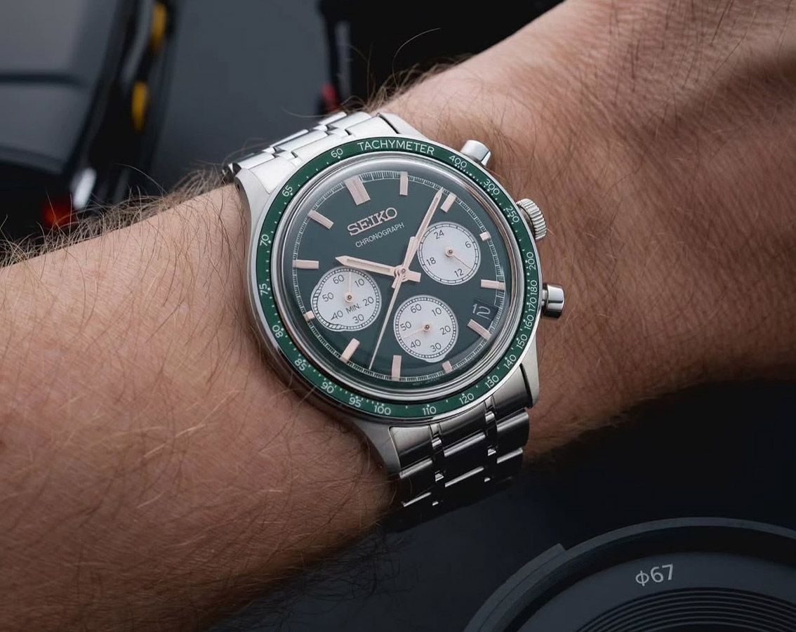 SEIKO Racing Sports Chronograph Green Rose Gold Dial 38.7mm Silver Stainless Steel Bracelet SSB481P1 - 