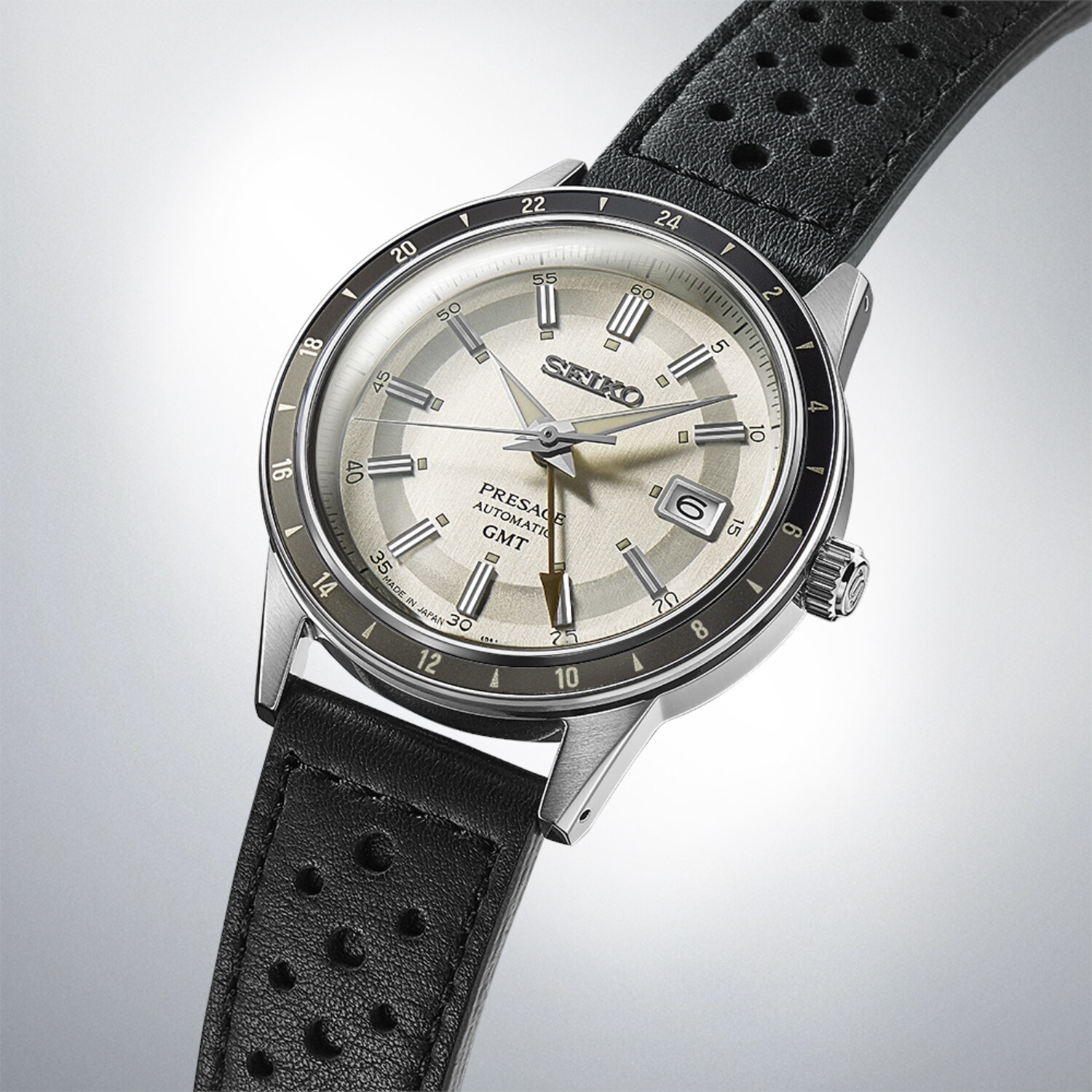 SEIKO Presage 'Stone' Style 60's Automatic GMT Gray Dial 40.8mm Silver Stainless Steel Black Leather Strap SSK011J1 - 3