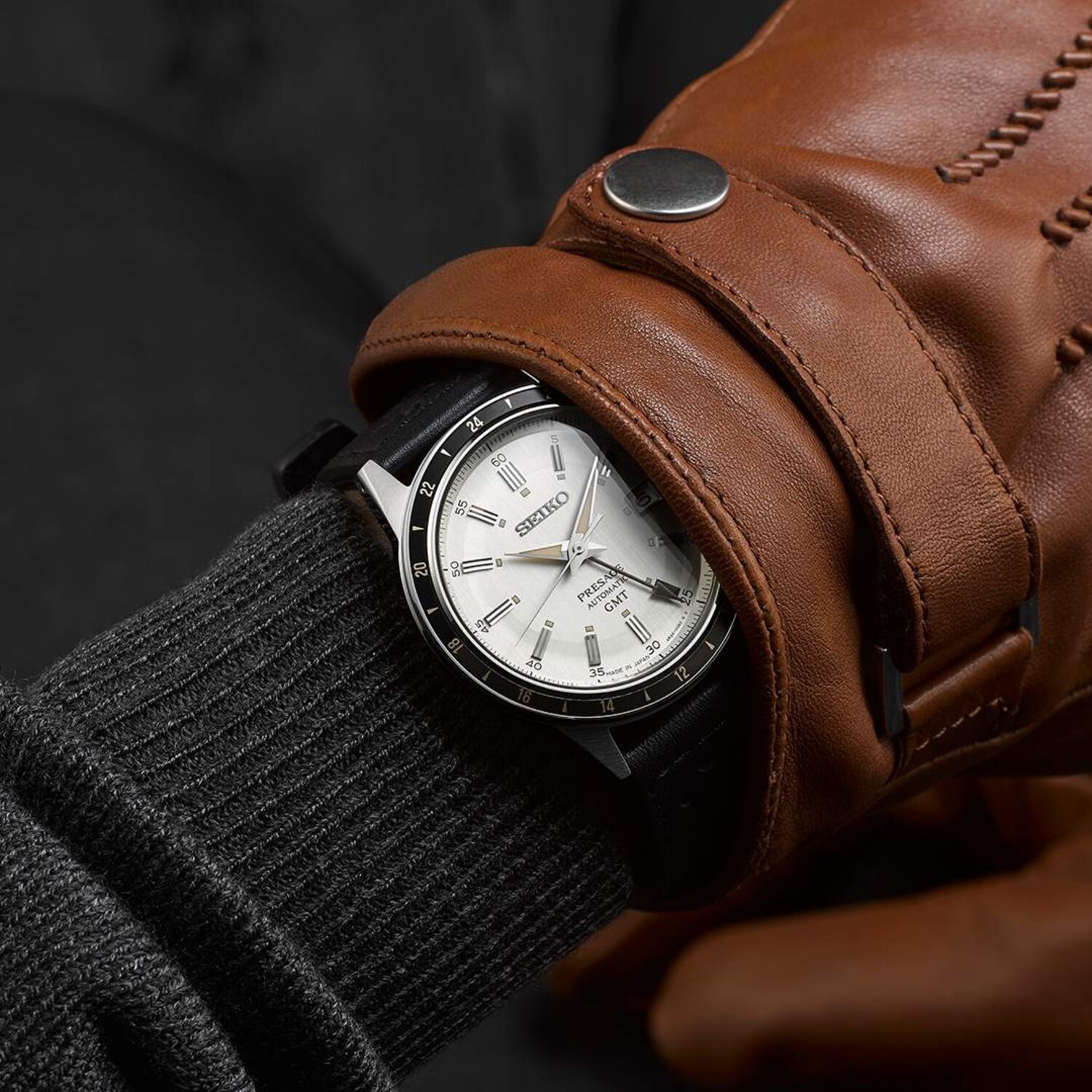 SEIKO Presage 'Stone' Style 60's Automatic GMT Gray Dial 40.8mm Silver Stainless Steel Black Leather Strap SSK011J1 - 