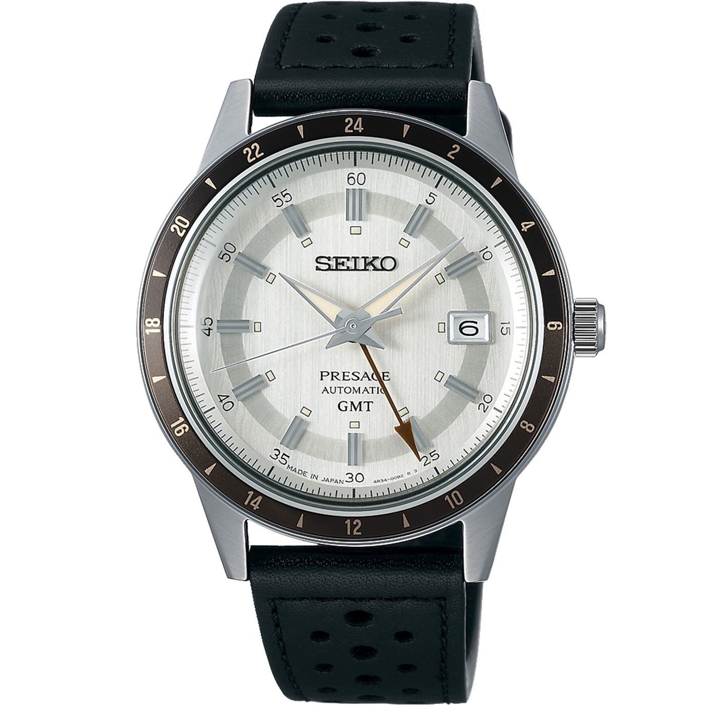 SEIKO Presage 'Stone' Style 60's Automatic GMT Gray Dial 40.8mm Silver Stainless Steel Black Leather Strap SSK011J1 - 