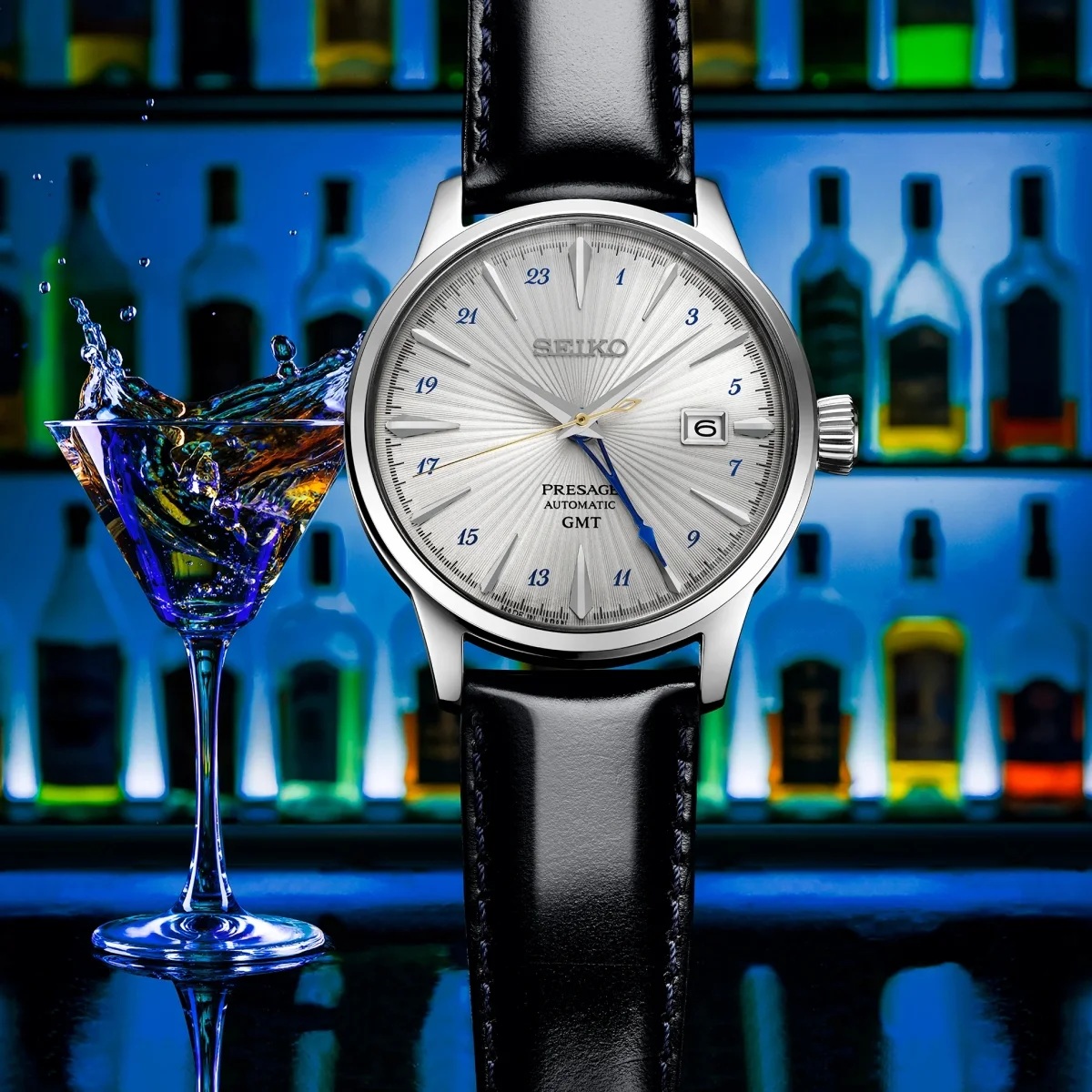 SEIKO Presage Cocktail Time GMT Automatic White Dial 40.5mm Silver Stainless Steel Black Leather Strap SSK049J1 - 