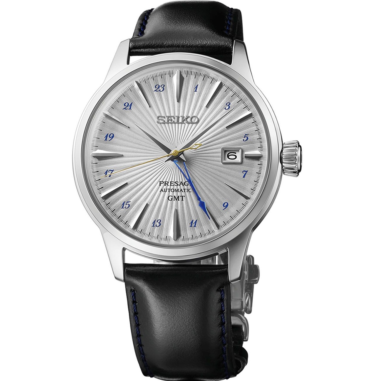 SEIKO Presage Cocktail Time GMT Automatic White Dial 40.5mm Silver Stainless Steel Black Leather Strap SSK049J1 - 