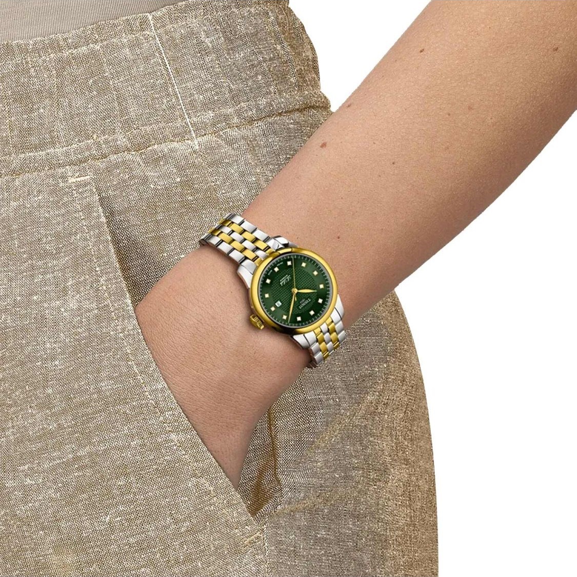 TISSOT Le Locle Lady's Automatic Green Dial with Diamonds 29mm Two Tone Gold Stainless Steel Bracelet T006.207.22.096.01 - 