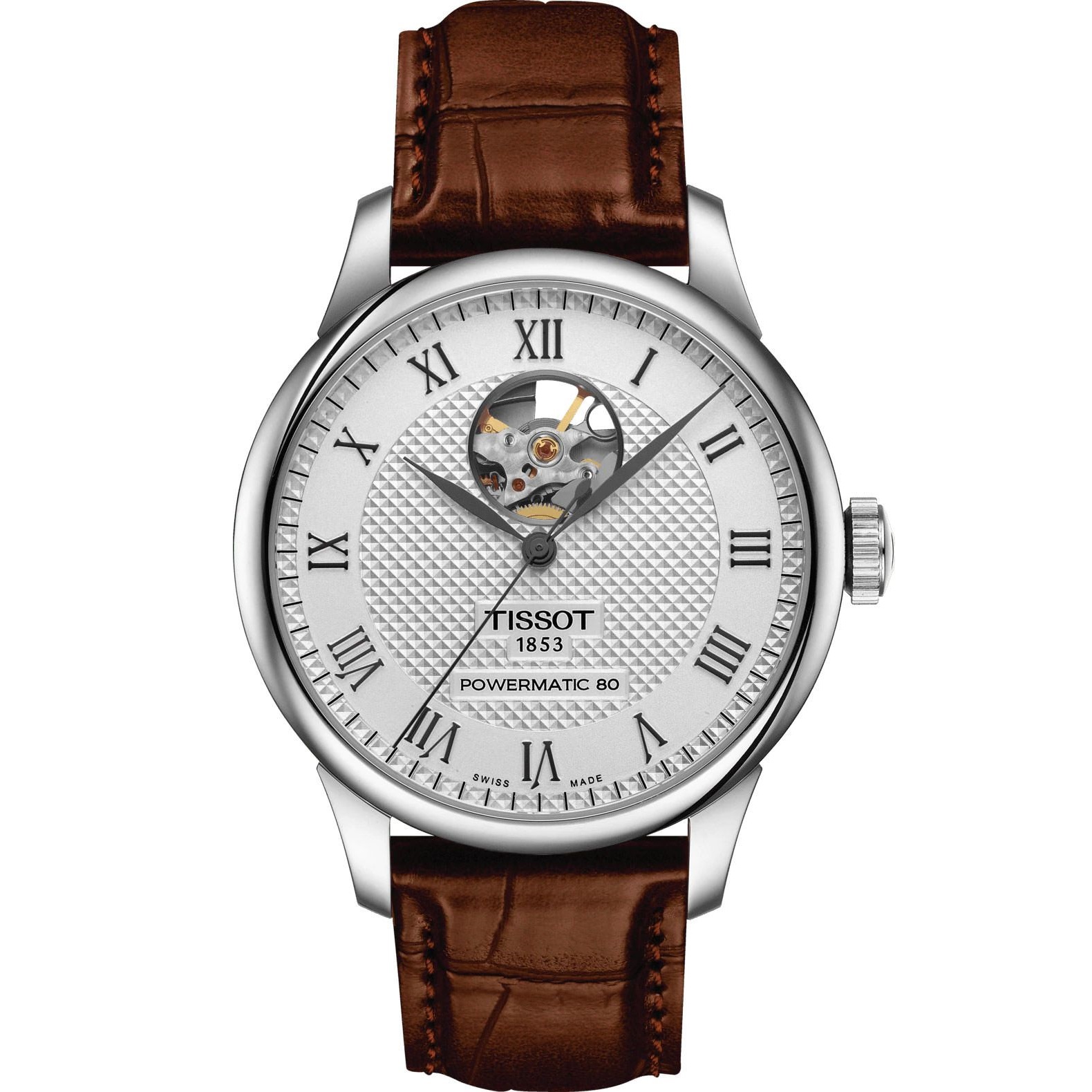 TISSOT Le Locle Powermatic 80 Open Heart Silver Dial 39.3mm Silver Stainless Steel Brown Leather Strap T006.407.16.033.01 - 
