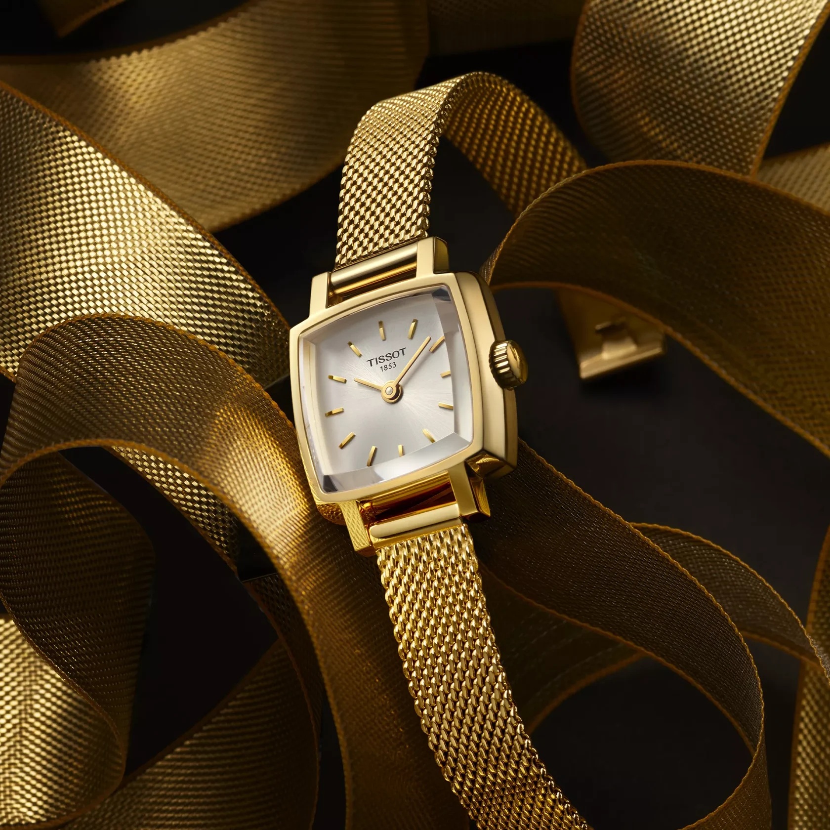 TISSOT Lovely Square Silver Dial 20mm Gold Stainless Steel Mesh Bracelet T058.109.33.031.00 - 