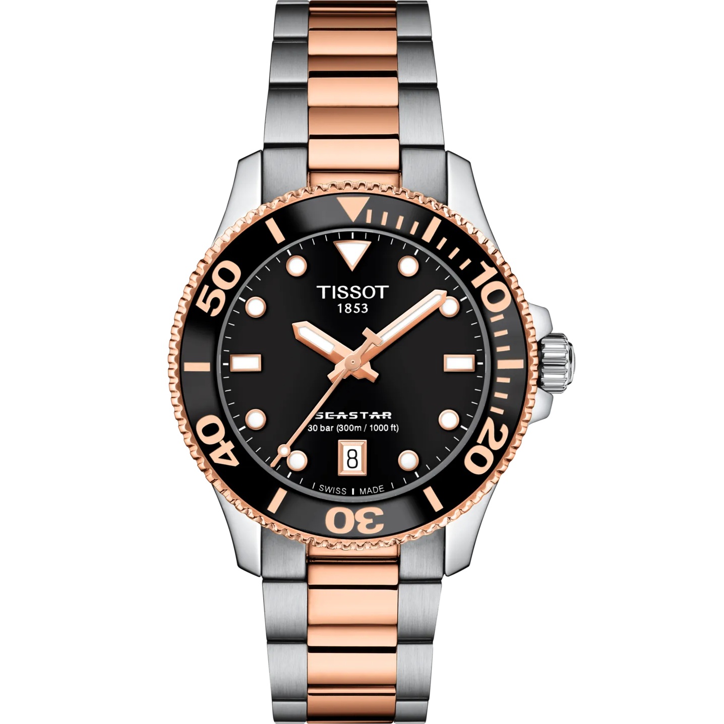 TISSOT Seastar 1000 Quartz Black Dial 36mm Two Tone Rose Gold Stainless Steel Bracelet T120.210.22.051.01 - 