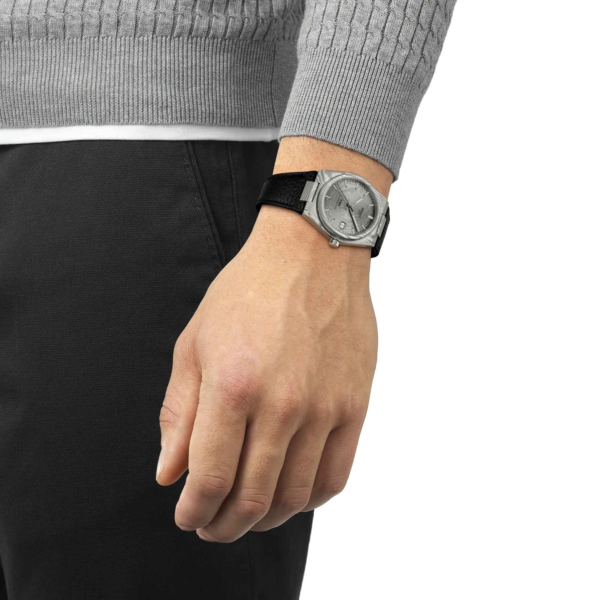 TISSOT PRX 38 Powermatic 80 Grey Dial 38mm Silver Damascus Steel Black Leather Strap T137.807.96.081.00 - 