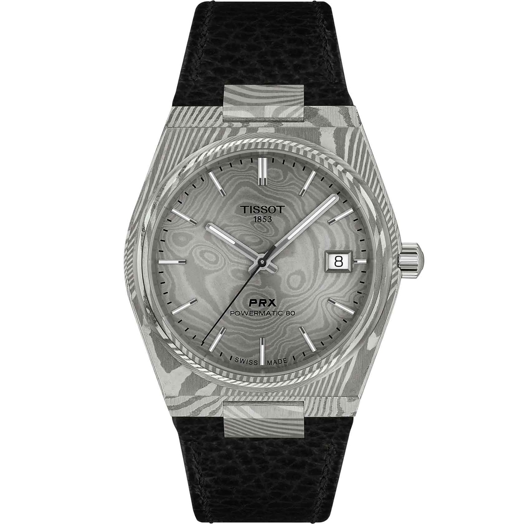 TISSOT PRX 38 Powermatic 80 Grey Dial 38mm Silver Damascus Steel Black Leather Strap T137.807.96.081.00 - 