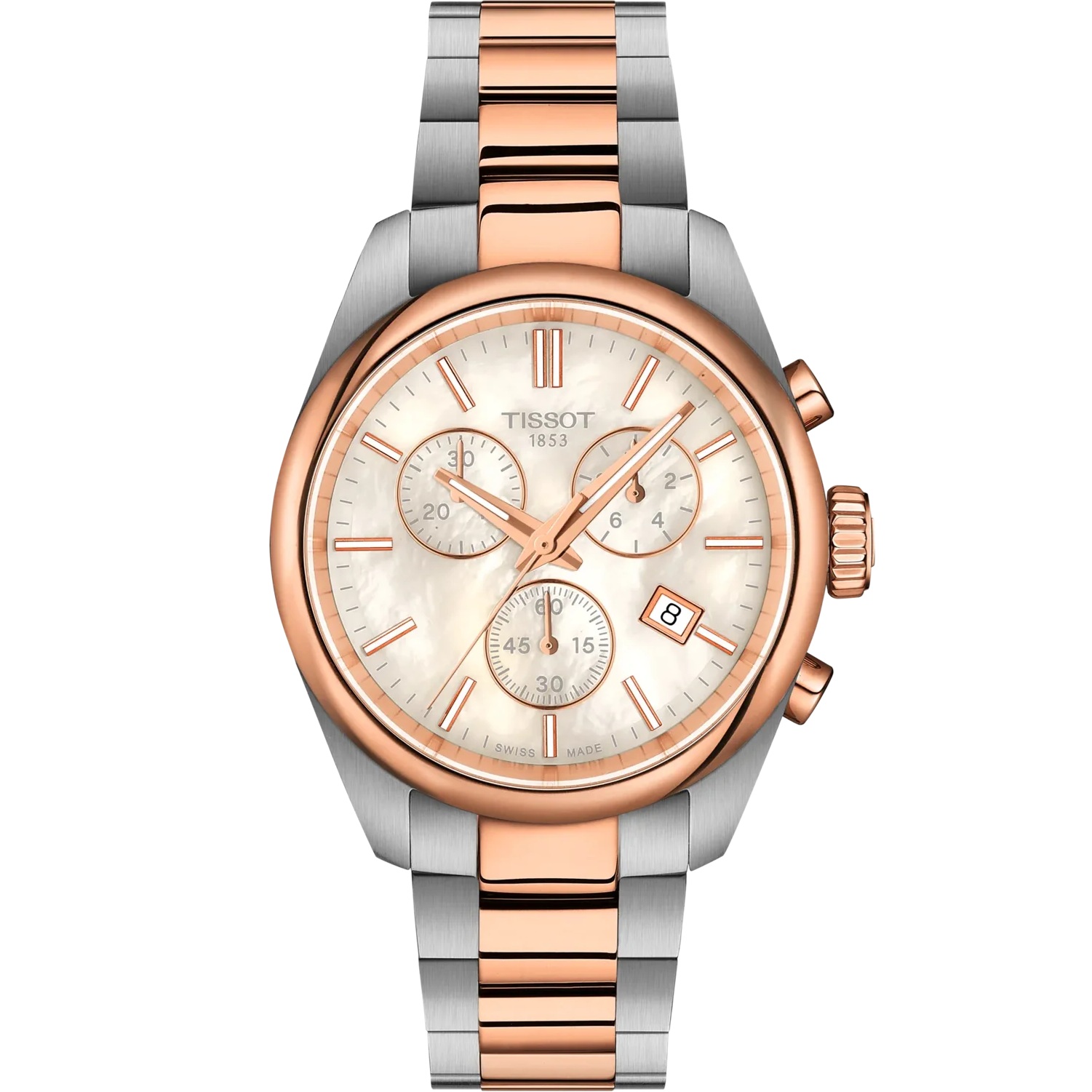 TISSOT PR 100 Chronograph White Pearl Dial 36mm Two-Tone Rose Gold Silver Stainless Steel Bracelet T150.217.22.111.00 - 