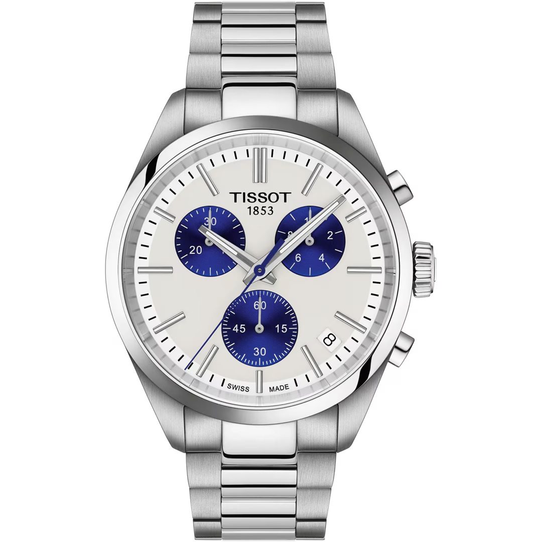 TISSOT PR 100 Chronograph White & Blue Dial 40mm Silver Stainless Steel Bracelet T150.417.11.011.00 - 