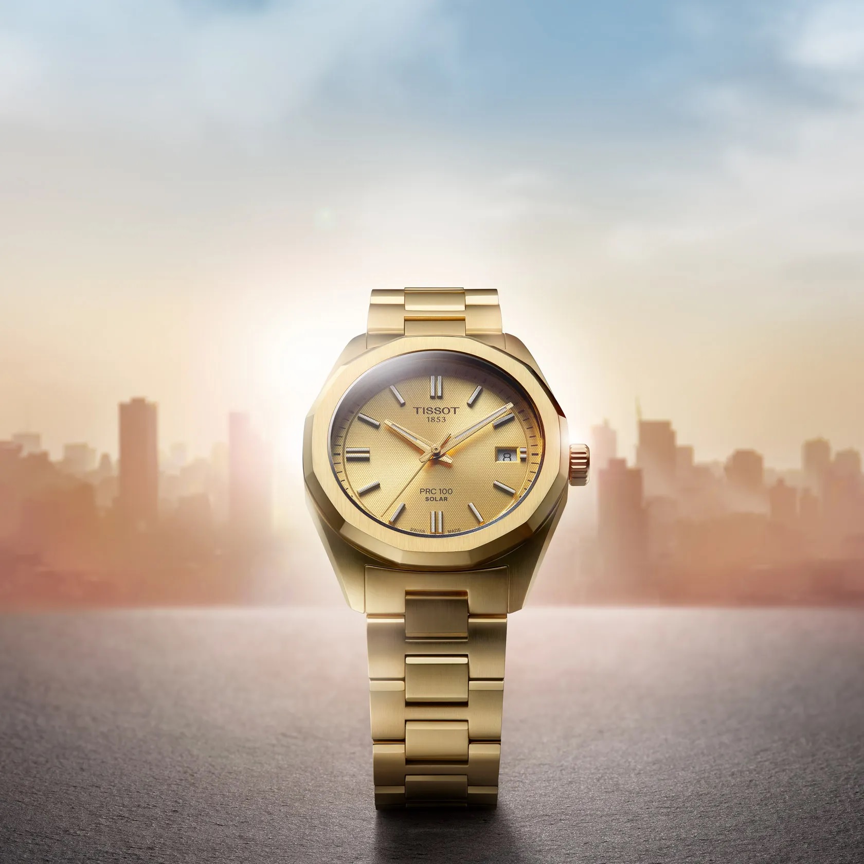 TISSOT PRC 100 Solar Quartz Gold Dial 34mm Gold Stainless Steel Bracelet T151.822.33.021.00 - 6